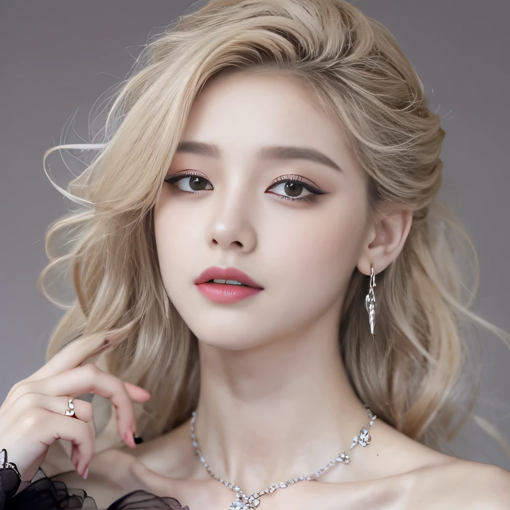 8k)、(best image quality:1.5)、gray background、close up of face、1girl、masterpiece、delicate and sharp eyes、brown eyes、eye power、delicate face、cup、attractive face、platinum blonde hair、Semi-long wave、black wedding dress、black wedding dress、I can see the collarbone、gal、Emphasis on the clavicle、earrings、necklace