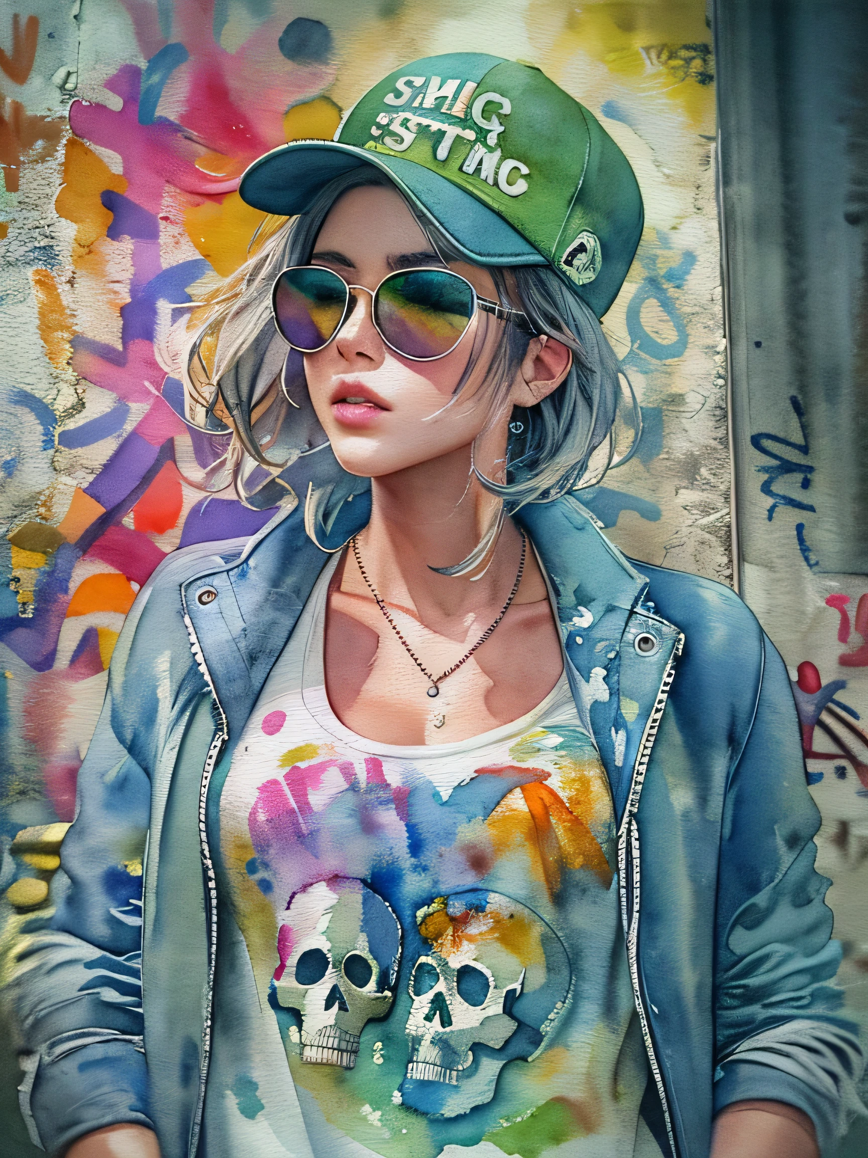 8K quality, (((watercolor painting))), stylish figure, (((The strongest beautiful girl of all time))), gal, Stylish sunglasses, Fashionable hats, (((highest quality))), bob hair, Place your hands on the wall, HDR, Detailed details, skull fashion, detailed clothing texture, (((graffiti art))), colorful hair, ((masterpiece))、((Super detailed))