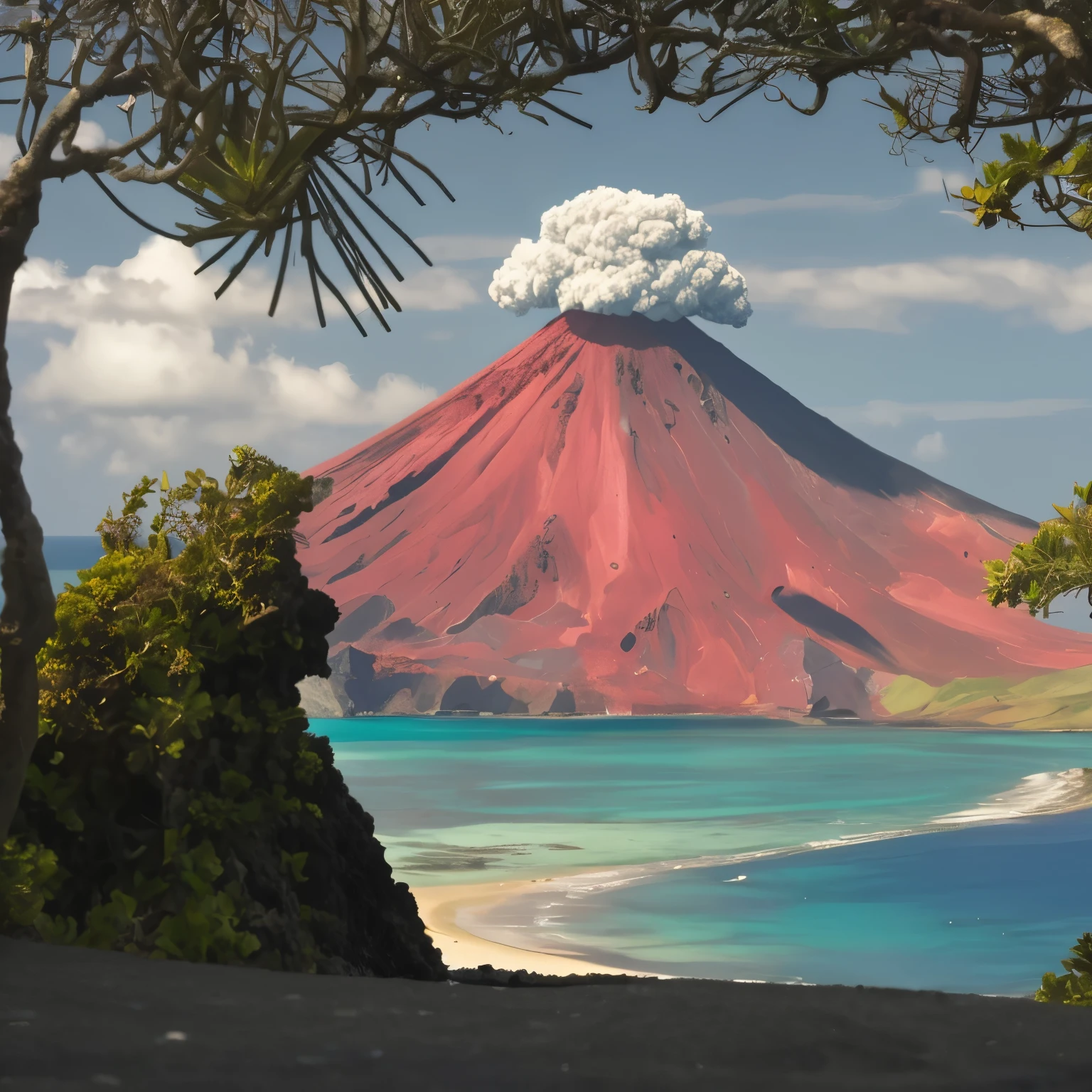 Seashore in the foreground, sea in the background, volcanic island in the background, summer, midday