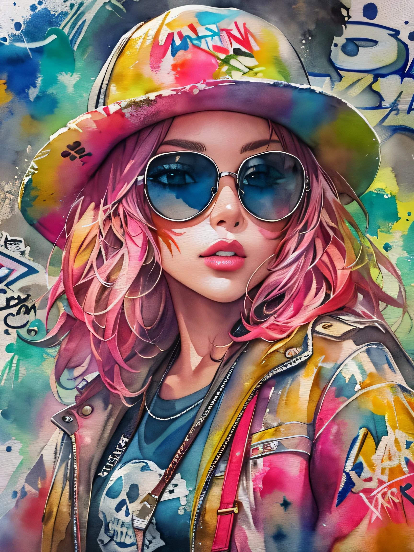8K quality, (((watercolor painting))), stylish figure, (((The strongest beautiful girl of all time))), gal, Stylish sunglasses, Fashionable hats, (((highest quality))), bob hair, Place your hands on the wall, HDR, Detailed details, skull fashion, detailed clothing texture, (((graffiti art))), colorful hair, ((masterpiece))、((Super detailed))