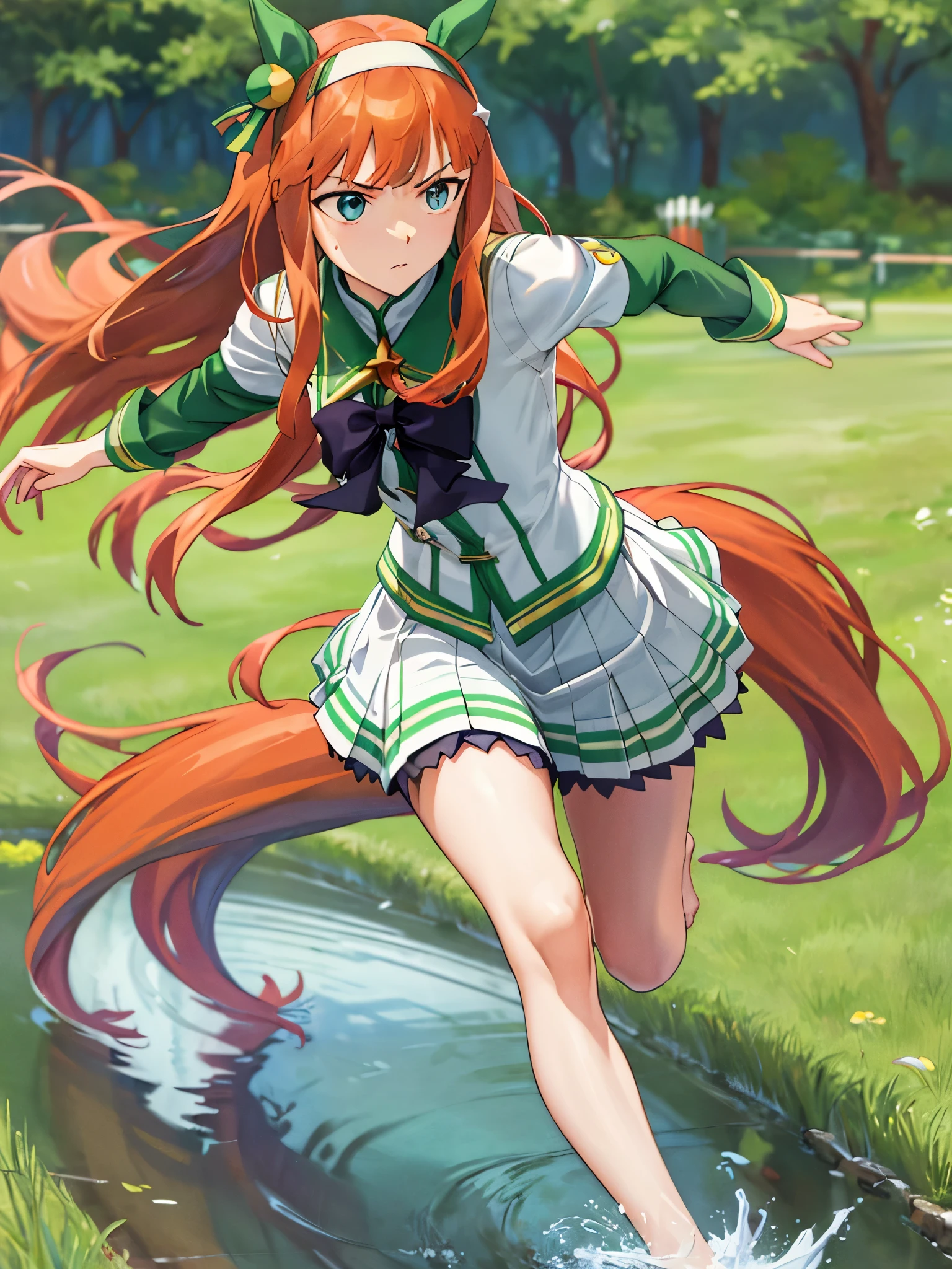 masterpiece, highest quality, running figure, Whole body wide angle, serious expression, silence suzuka \(umamusume\), white skirt, pleated skirt, barefoot, (((No sleeve))), black bow, flowing grass,