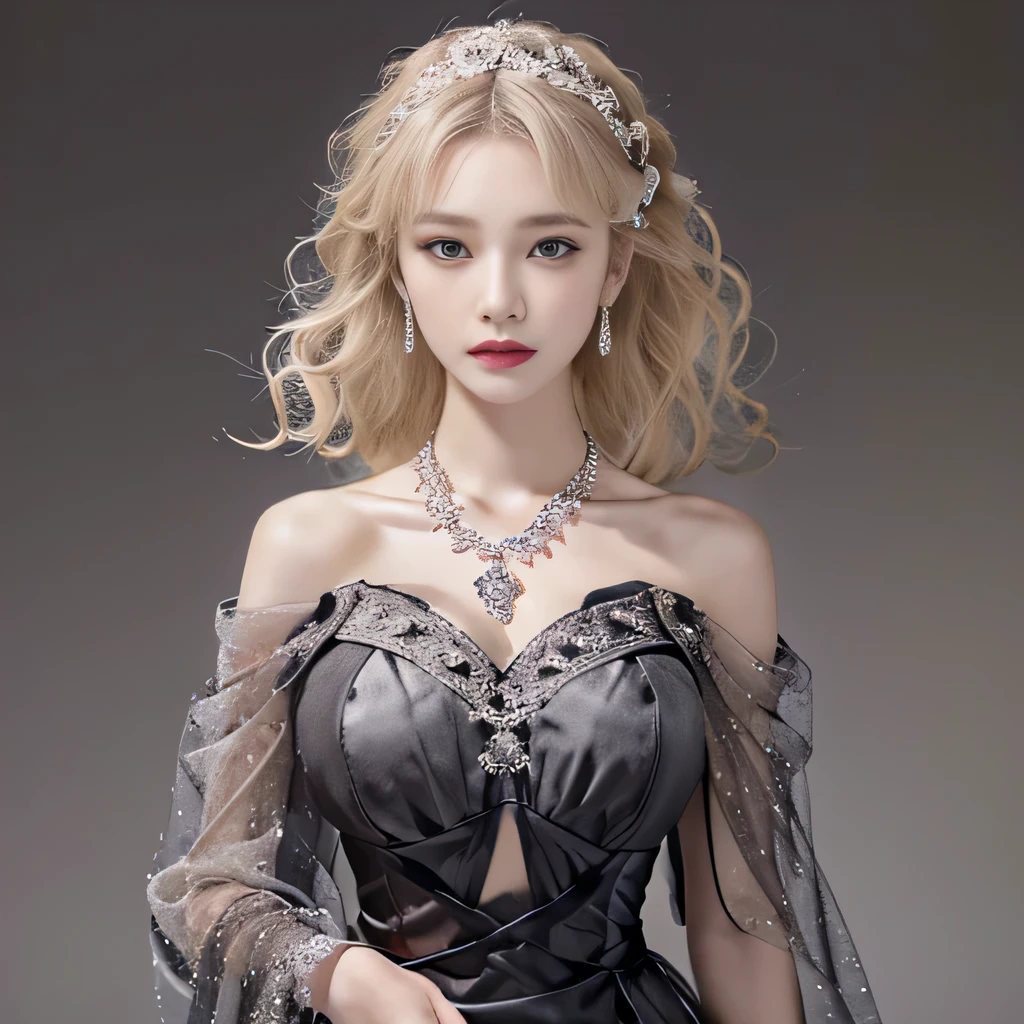 8k）、（best image quality:1.5）、gray background、close up of face、１girl、masterpiece、delicate and sharp eyes、brown eyes、eye power、delicate face、cup、attractive face、platinum blonde hair、Semi-long wave、black wedding dress、black wedding dress、I can see the collarbone、gal、Emphasis on the clavicle、earrings、necklace