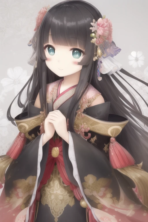 smile, colorless background, , , straight hair, long hair, , black hair, blush stickers, bangs, (beautiful and detailed face), (detailed and beautiful eyes), whole body,kimono dress、luxury fabric、、super delicate、super beauty,long hair、positive、super beauty、kimono dress、