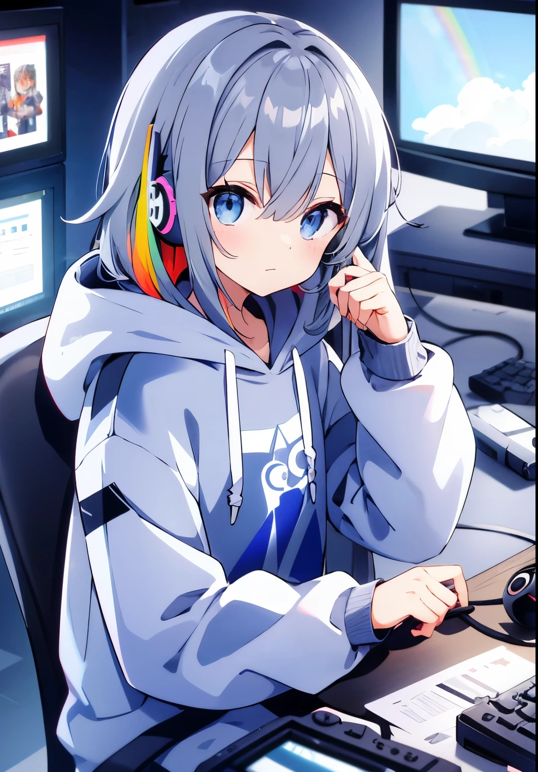 cute，Fashionable，long gray hair，half up，gamer，girl，headphone，background(computer，gun，Switch)，cloud，rainbow，hoodie，I'm wearing a hood，With bangs(I&#39;m hiding one eye)，light blue eyes(Diluted)
