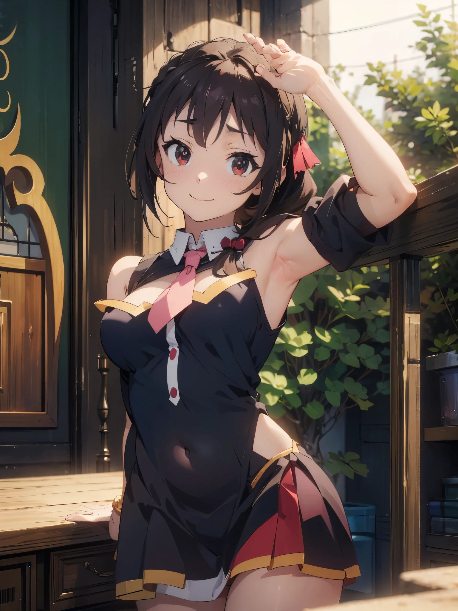 best picture quality, 8K, high quality, masterpiece:1.2), ((masterpiece)), (high detail, high quality, best picture quality), bokeh, DOF, Portrait, open stance, (cute illustration:1.2), (konosuba, yunyun), (nsfw:1.2), sunny light, in room, perfectly balanced anatomy, sleeveless, detached sleeve, both arms behind head, armpits:1.3), detailed eyes, cute round face, embarrassed, smile, seducing by showing her armpits, (Looking up:1.3)