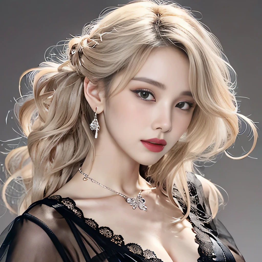 8k)、(best image quality:1.5)、gray background、close up of face、1girl、masterpiece、delicate and sharp eyes、brown eyes、eye power、delicate face、cup、attractive face、platinum blonde hair、Semi-long wave、black wedding dress、black wedding dress、I can see the collarbone、gal、Emphasis on the clavicle、earrings、necklace