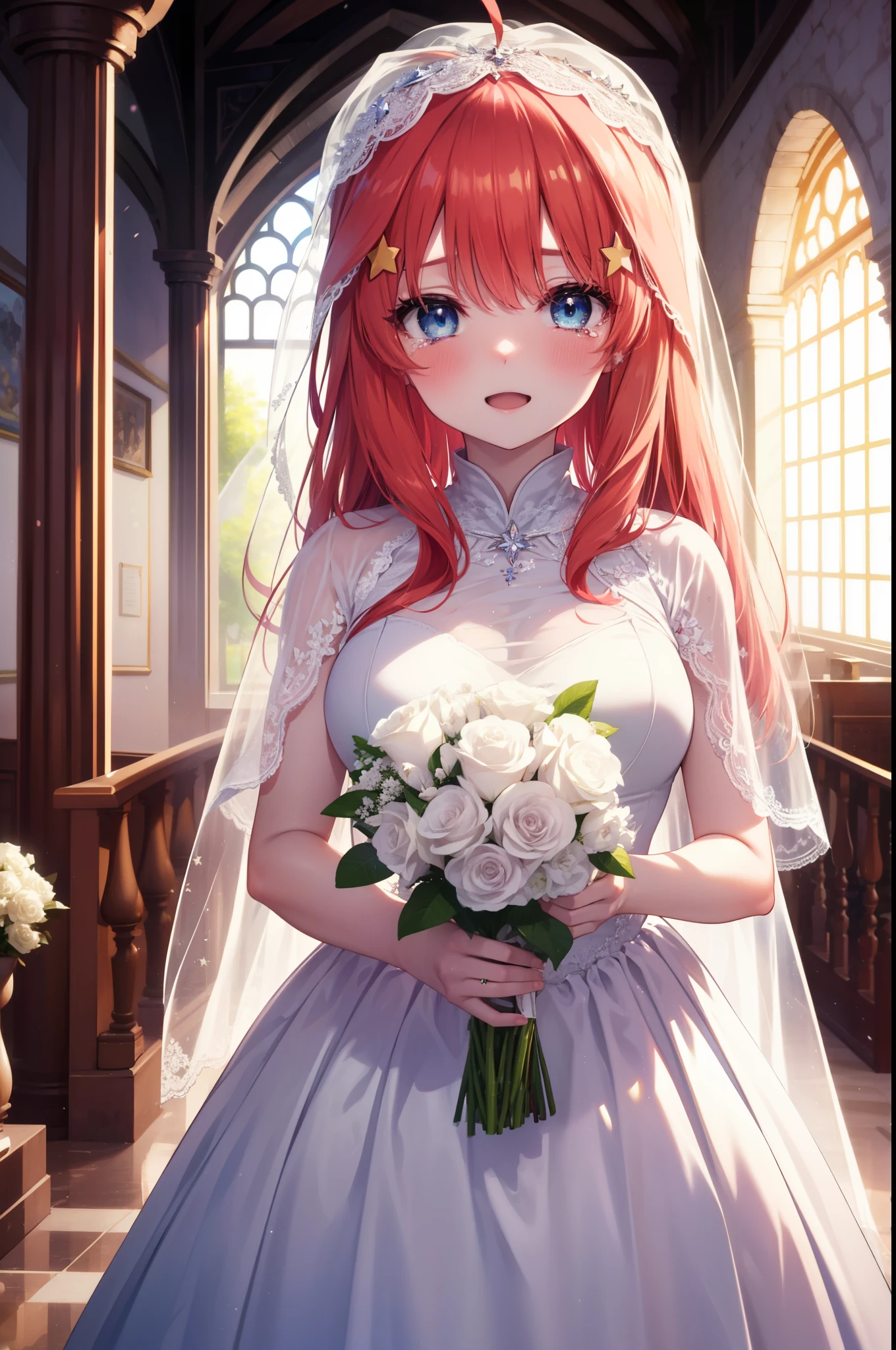 itsukinakano, Itsuki Nakano, bangs, blue eyes, hair between eyes, Ahoge, redhead, star \(symbol\), hair ornaments, star hair ornaments,smile,blush,open your mouth, happy atmosphere,Big tears are running down her face,Crying with joy,Wedding dress,veil wedding skirt,bouquet,bouquetトス,holding a large bouquet of flowers in both hands, 
break indoors, church,chapel, 
break (masterpiece:1.2), highest quality, High resolution, unity 8k wallpaper, (figure:0.8), (detailed and beautiful eyes:1.6), highly detailed face, perfect lighting, Very detailed CG, (perfect hands, perfect anatomy),