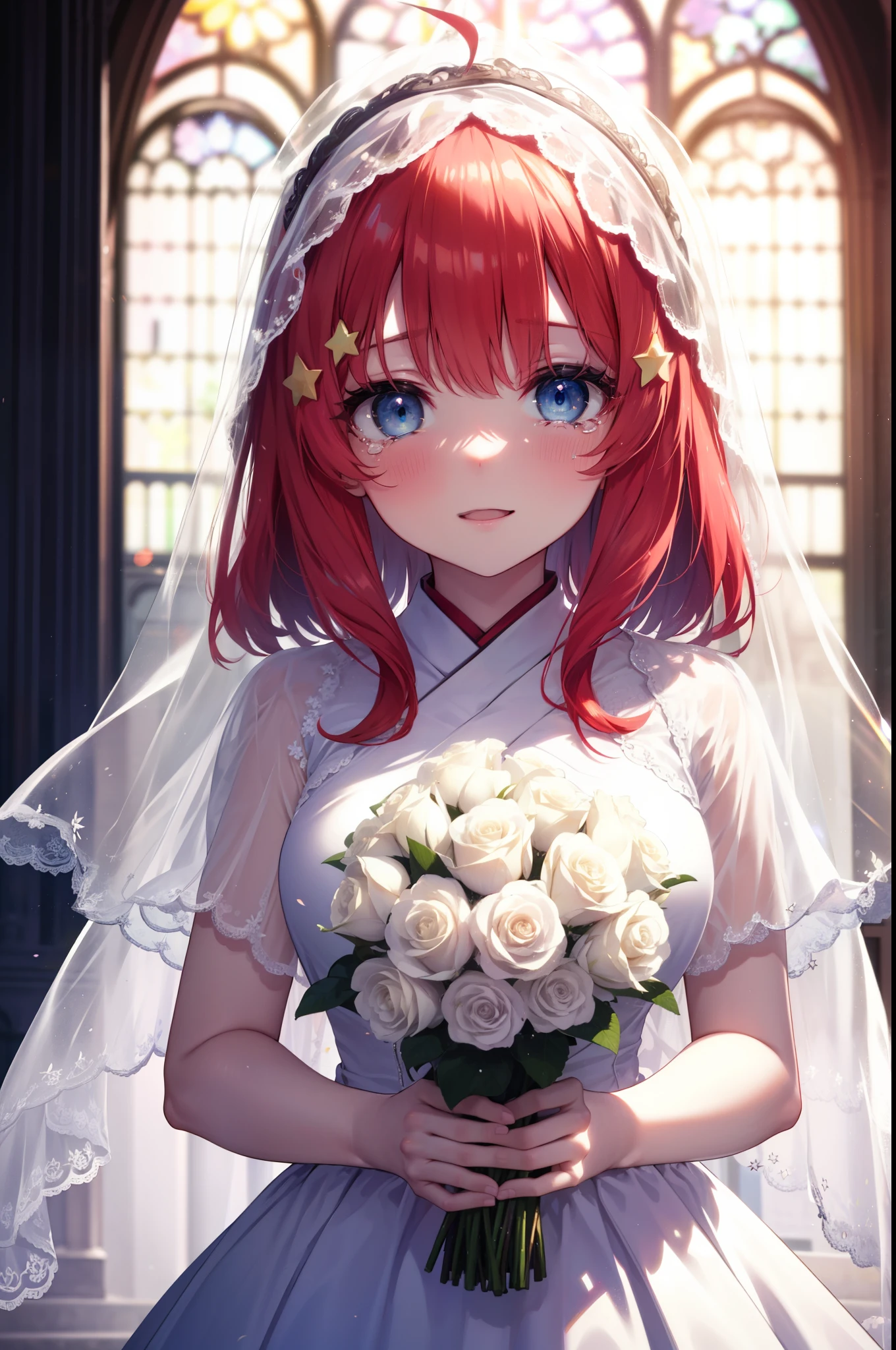 itsukinakano, Itsuki Nakano, bangs, blue eyes, hair between eyes, Ahoge, redhead, star \(symbol\), hair ornaments, star hair ornaments,smile,blush,open your mouth, happy atmosphere,Big tears are running down her face,Crying with joy,Wedding dress,veil wedding skirt,bouquet,bouquetトス,holding a large bouquet of flowers in both hands,
break indoors, church,chapel,
break (masterpiece:1.2), highest quality, High resolution, unity 8k wallpaper, (figure:0.8), (detailed and beautiful eyes:1.6), highly detailed face, perfect lighting, Very detailed CG, (perfect hands, perfect anatomy),