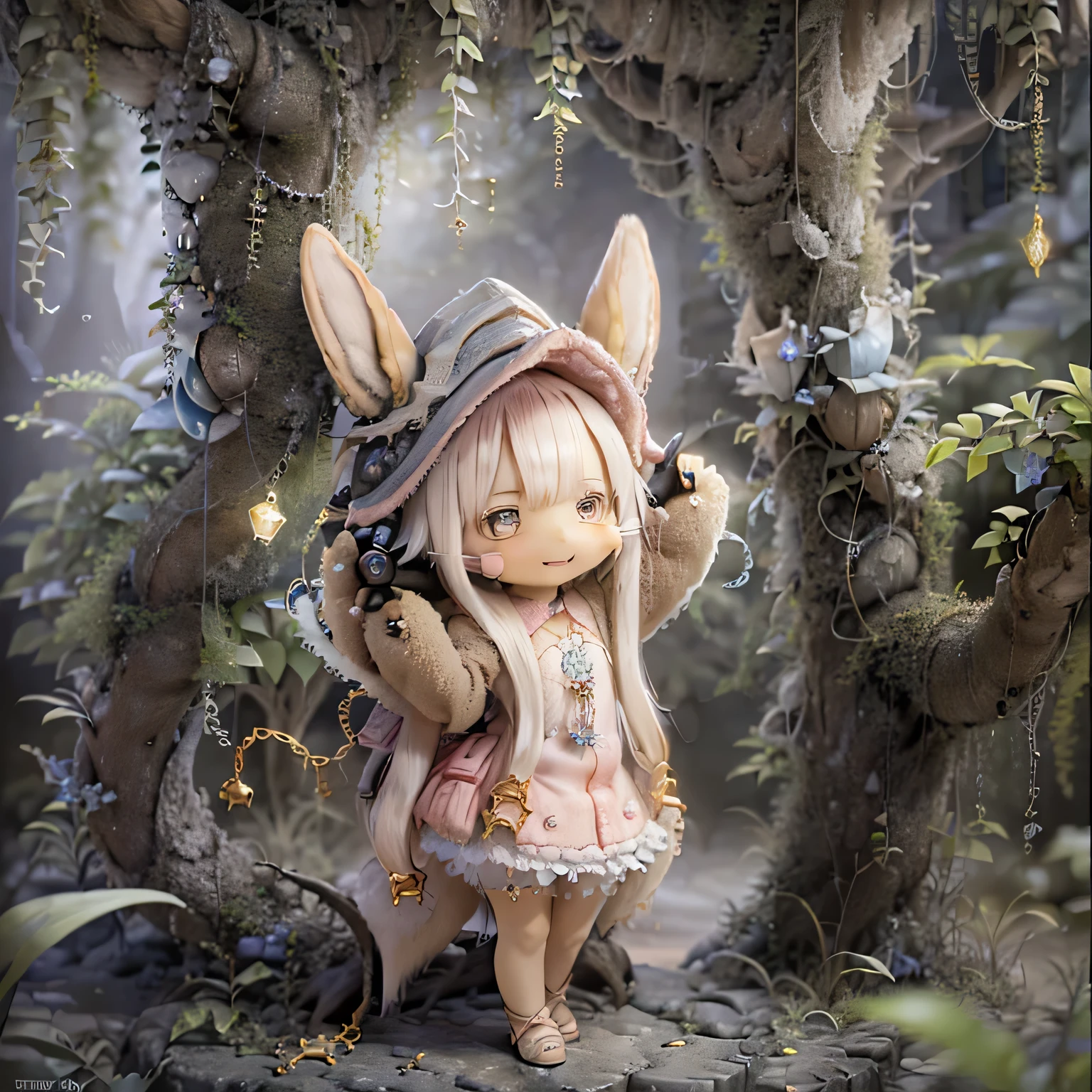 in the garden, smiling girl, Looks like Nanachi from Made in Abyss. she is beautiful, fine eyes and lips. A girl is depicted、 (((chibi style,))) . Image quality is top quality, With highly detailed and realistic features. The artwork medium combines illustration and photorealistic rendering. Vibrant colors and lighting create a warm and cheerful atmosphere Casual Full Body(((((Cute pink dress)))))