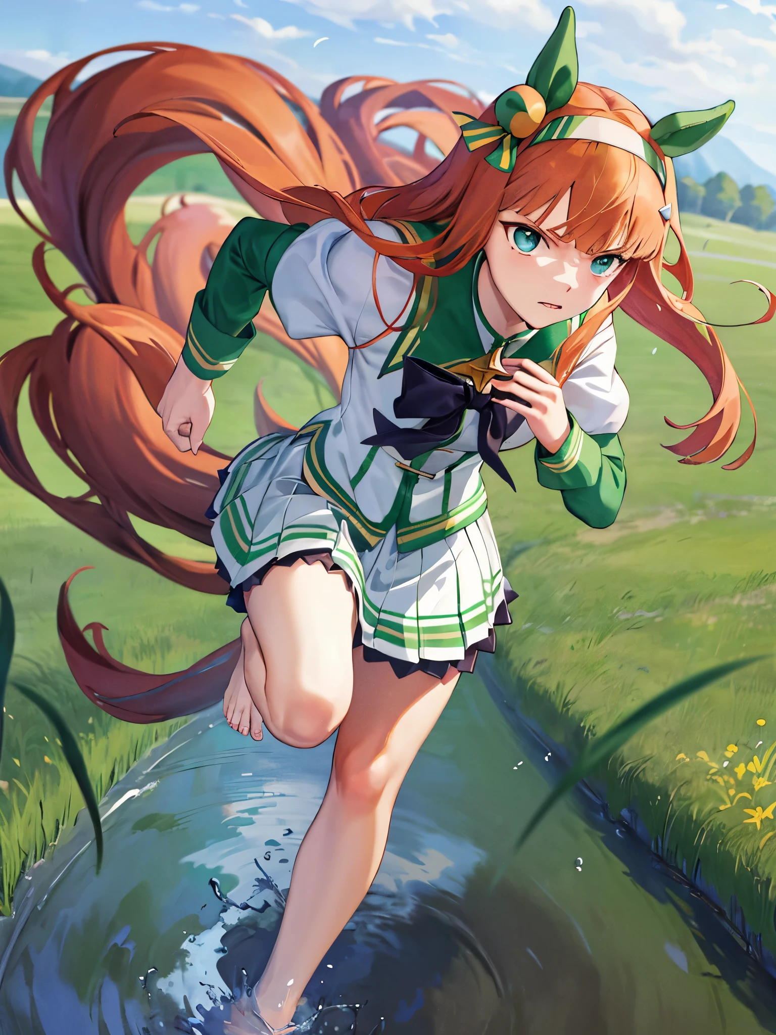 masterpiece, highest quality, running figure, Whole body wide angle, serious expression, silence suzuka \(umamusume\), white skirt, pleated skirt, barefoot, (((No sleeve))), black bow, flowing grass,