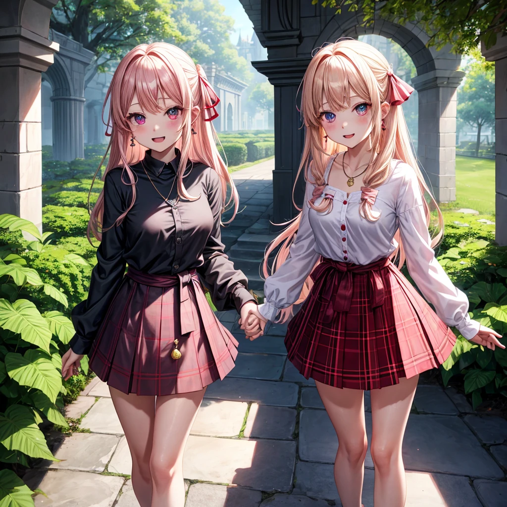 pink blonde、red eyes、one good looking girl、solo、anime、plaid mini skirt、the skirt has buttons、black camisole、black t-shirt、dress、wearing a ribbon、ribbon at waist、cloak、hood、stone slabs are piled up、crystal earrings、monster castle、jewelry necklace、Light and shadow、walking、tunnel、clock、Stuck in the wall、universe、fern plants、petal、tilting one's face、teeth are visible、Red carpet、door of the future、spiral stage、fire spirit