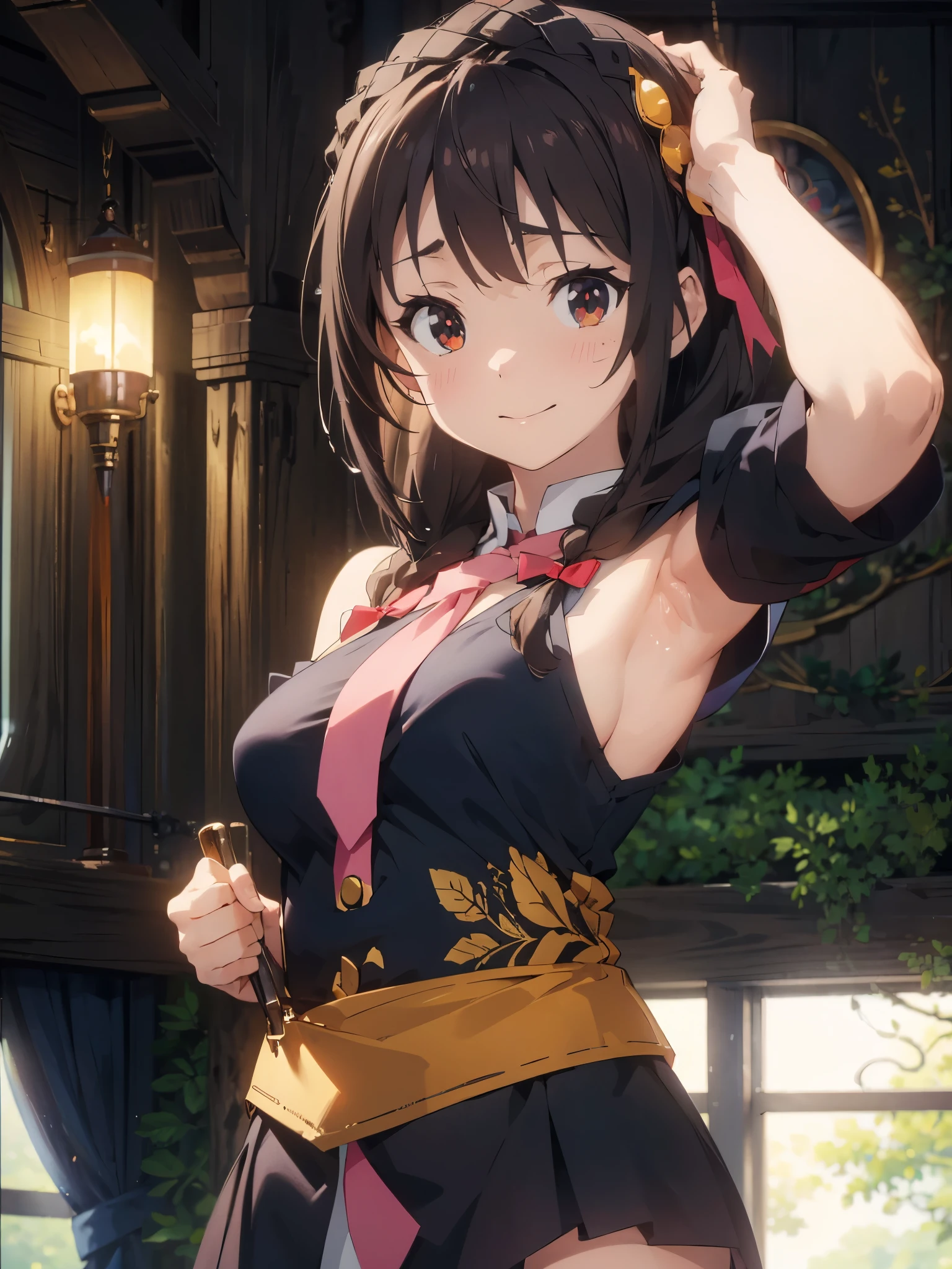 best picture quality, 8K, high quality, masterpiece:1.2), ((masterpiece)), (high detail, high quality, best picture quality), bokeh, DOF, Portrait, open stance, (cute illustration:1.2), (konosuba, yunyun), (nsfw:1.2), sunny light, in room, perfectly balanced anatomy, sleeveless, detached sleeve, both arms behind head, armpits:1.3), detailed eyes, cute round face, embarrassed, smile, seducing by showing her armpits, (close-up shot:1.3)