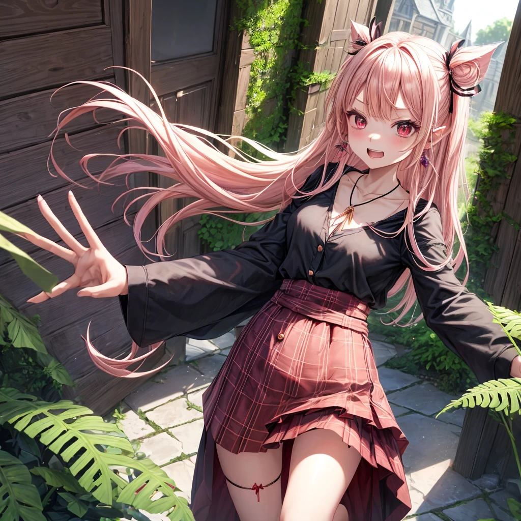 pink blonde、red eyes、one good looking girl、solo、anime、plaid mini skirt、the skirt has buttons、black camisole、black t-shirt、dress、wearing a ribbon、ribbon at waist、cloak、hood、stone slabs are piled up、crystal earrings、monster castle、jewelry necklace、Light and shadow、walking、tunnel、clock、Stuck in the wall、universe、fern plants、petal、tilting one's face、teeth are visible、Red carpet、door of the future、spiral stage、fire spirit