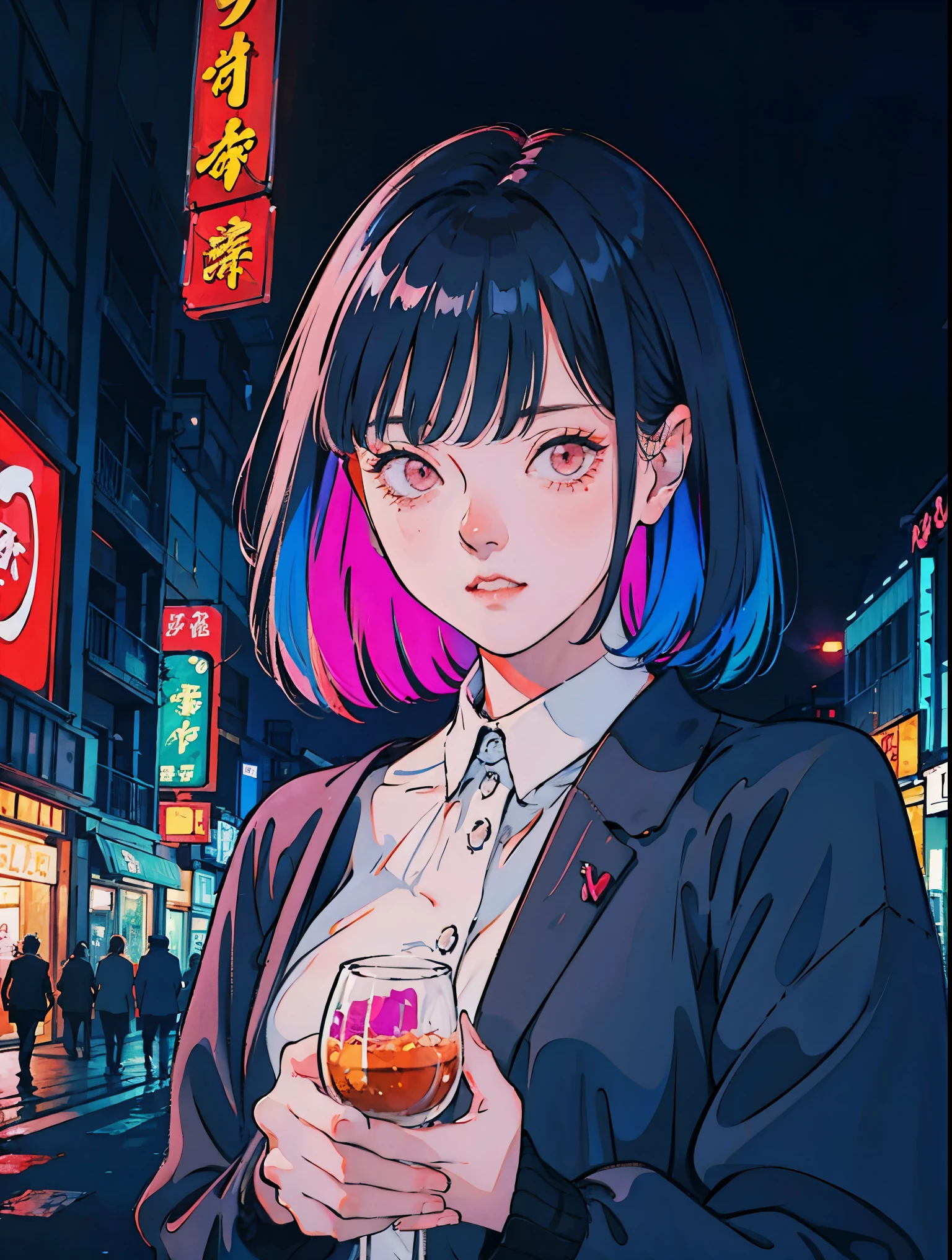 a young woman in the heart of Tokyo, surrounded by a sea of iridescent soap bubbles reflecting the neon lights of the city, creating a surreal and dreamlike atmosphere. colorful street scenes, crimson and amber, NeonNoir, soft lighting, night, nighttime, realistic, hard shadow, masterpiece, best quality, Intricate, modelshoot style, vintage, film grain, Incomplete details