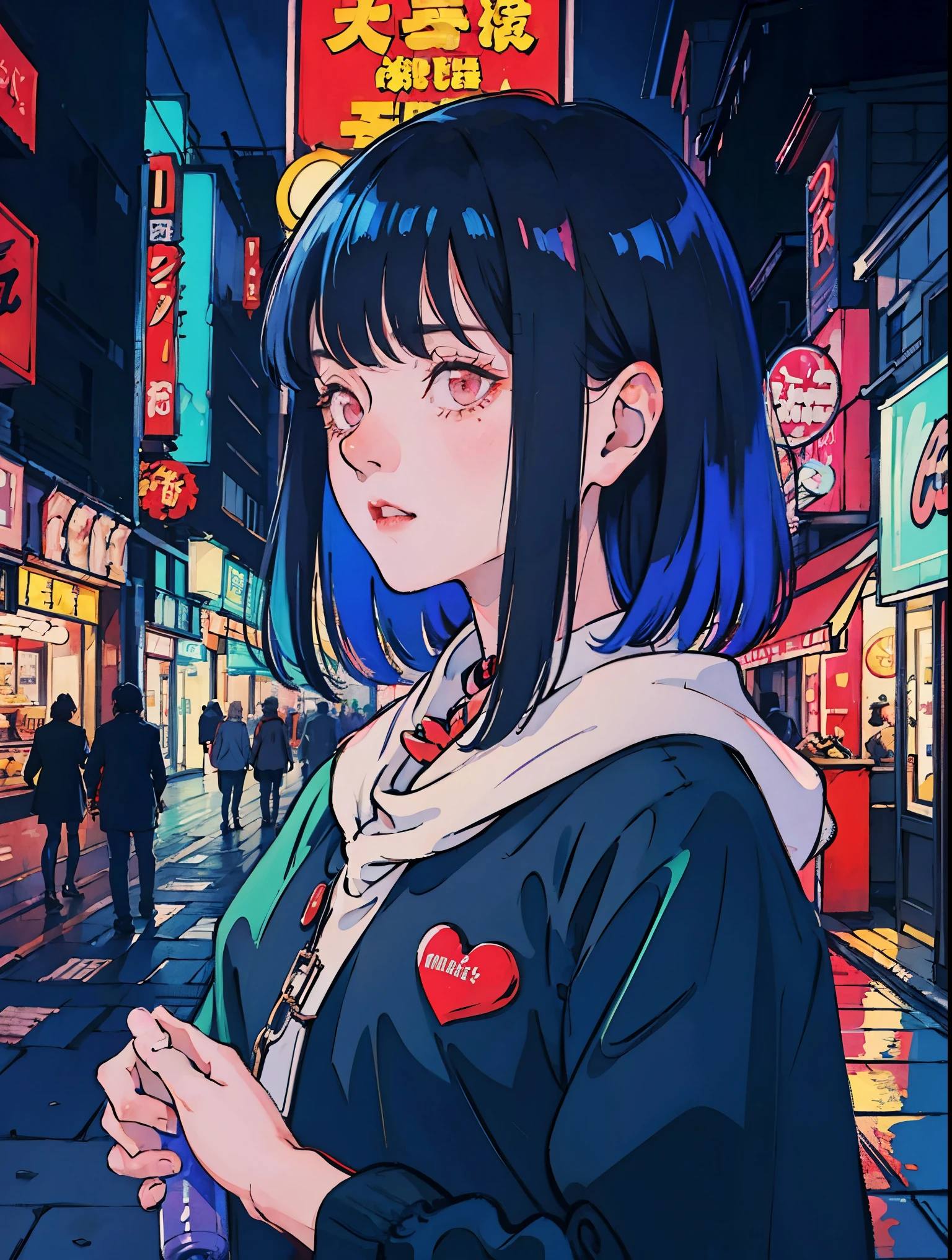 a young woman in the heart of Tokyo, surrounded by a sea of iridescent soap bubbles reflecting the neon lights of the city, creating a surreal and dreamlike atmosphere. colorful street scenes, crimson and amber, NeonNoir, soft lighting, night, nighttime, realistic, hard shadow, masterpiece, best quality, Intricate, modelshoot style, vintage, film grain, Incomplete details