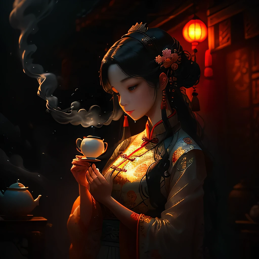 In the dim light, ancient chinese scene, Sixty--old woman elegantly pulls up her long hair, flowing hair, Decorated with delicate sideburns. She wears bright floral clothes, Color pops out in the dark, gloomy background. Carrying a portable teapot under his arm, She holds a fragile teacup in one hand, Steam wafts from its edges.
beside her, The ghost floats gently, Its translucent shape makes it nearly invisible in dimly lit environments. Its ethereal features make it almost unrecognizable, But its existence is obvious. The woman's expression remains calm, It's like she's not at all
