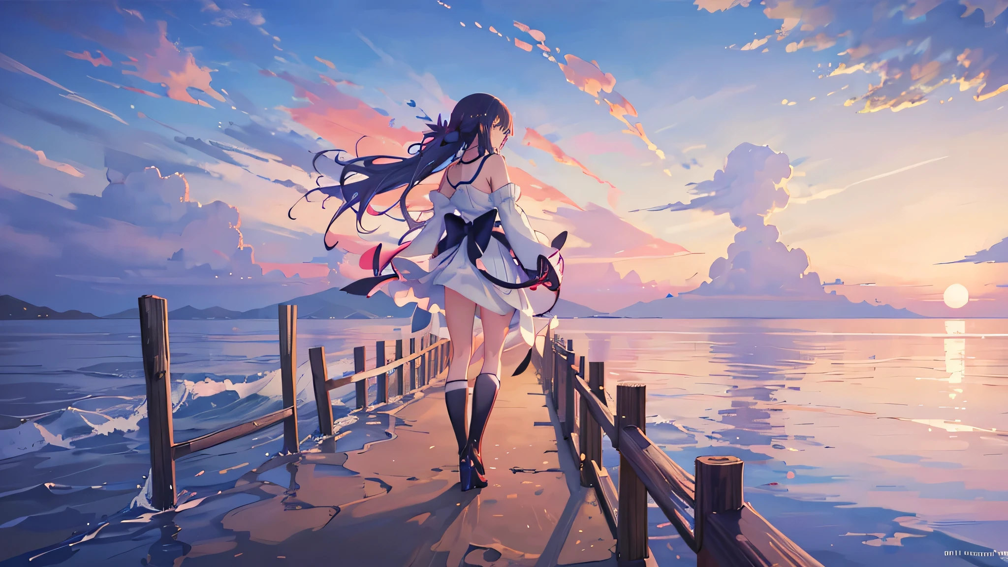 anime girl walking on the beach at sunset with a beautiful sky, Painting by Hitoshi Homura, tumbler, conceptual art, anime girl walking on water, anime beautiful peace scene, beautiful anime scene, anime girl desktop background, watching the sunset. anime, beautiful anime, beautiful anime scenery, ultra hd anime wallpaper, anime sky, anime background, hd anime wallpaper