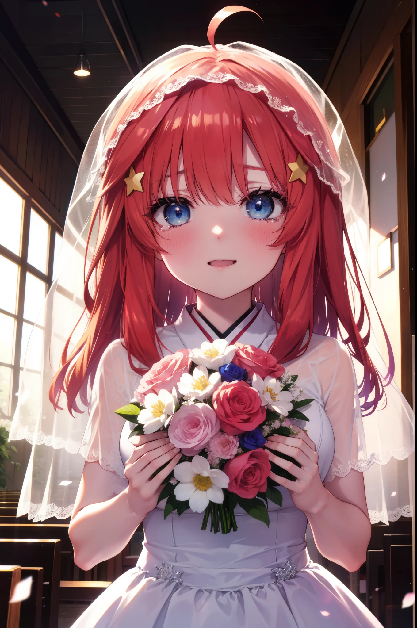 itsukinakano, Itsuki Nakano, bangs, blue eyes, hair between eyes, long hair,Ahoge, redhead, star \(symbol\), hair ornaments, star hair ornaments,smile,blush,open your mouth, happy atmosphere,Big tears are running down her face,Crying with joy,Wedding dress,veil,Wedding Skirts,bouquet,holding a large bouquet of flowers in both hands,Hanabubuki,
break indoors, church,chapel,
break (masterpiece:1.2), highest quality, High resolution, unity 8k wallpaper, (figure:0.8), (detailed and beautiful eyes:1.6), highly detailed face, perfect lighting, Very detailed CG, (perfect hands, perfect anatomy),