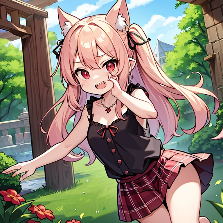pink blonde、red eyes、one good looking girl、solo、anime、plaid mini skirt、the skirt has buttons、black camisole、black t-shirt、dress、wearing a ribbon、ribbon at waist、cloak、hood、stone slabs are piled up、crystal earrings、monster castle、jewelry necklace、Light and shadow、walking、tunnel、clock、Stuck in the wall、universe、fern plants、petal、tilting one&#39;s face、teeth are visible、Red carpet、door of the future、spiral stage、fire spirit、moss is growing