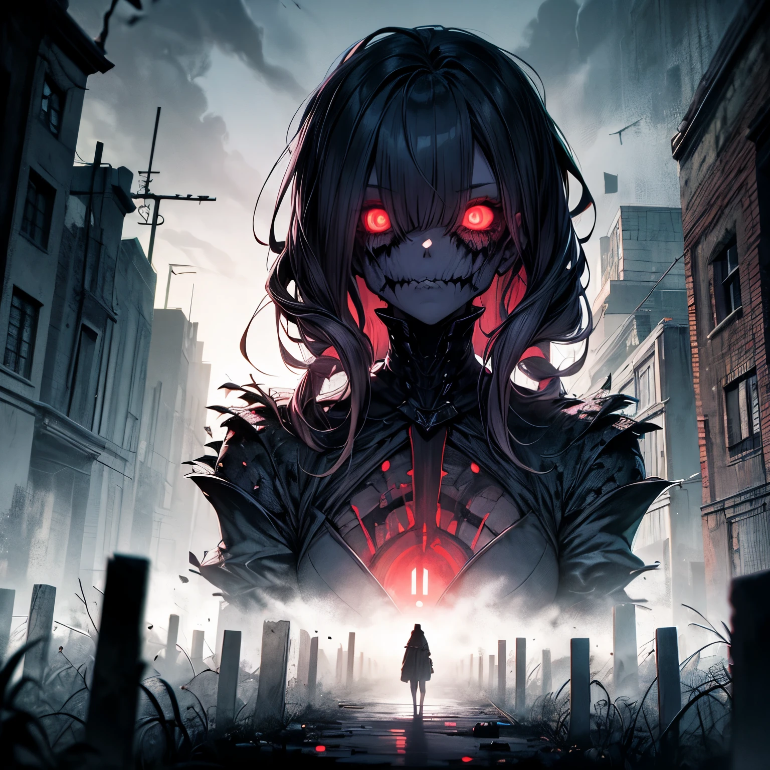 anime woman, 1 woman, arafed image of a woman на кладбище with a red light, eerie and grim art style, in a creepy cemetery, stands with his back, creepy art style, made up of nightmares, dark illustration, Grey colors,dark fantasy,an ominous fantasy illustration, art, High detail, Gloomy & Dark, no faces visible