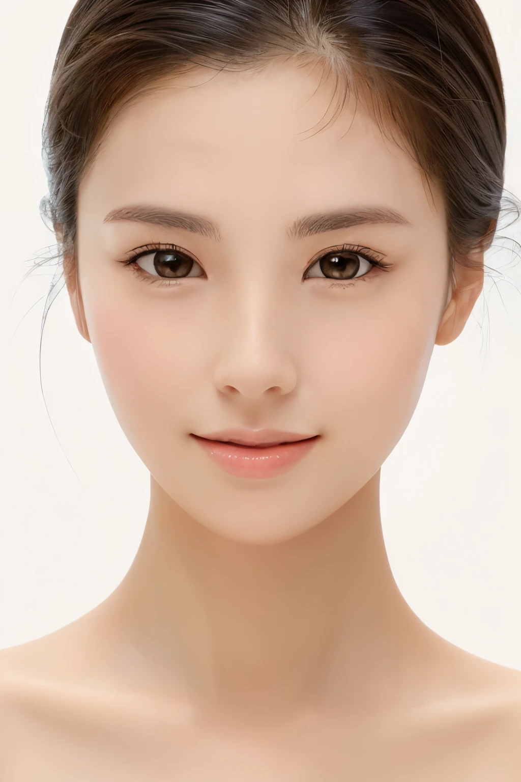 ((masterpiece, top quality, high definition)), 1 girl, (photorealistic: 1.4), solo, white background, snow-white background, mouth closed, happy smile, pretty black hair, short hair, big eyes, clear double eyelids, eyelashes, ears out, absolute area, ((face close-up)), (drawing all head, shoulders), 30 years old, Attractive proportions, glossy skin, clean collarbone, face in golden proportion, perfect face, teardrop mole, mole on chest, bangs, clean bangs, beautiful bangs, lip gloss, thin lips, pale skin, naked, small breasts, small face, head all drawn, shoulders all drawn, staring at the camera slightly upwards