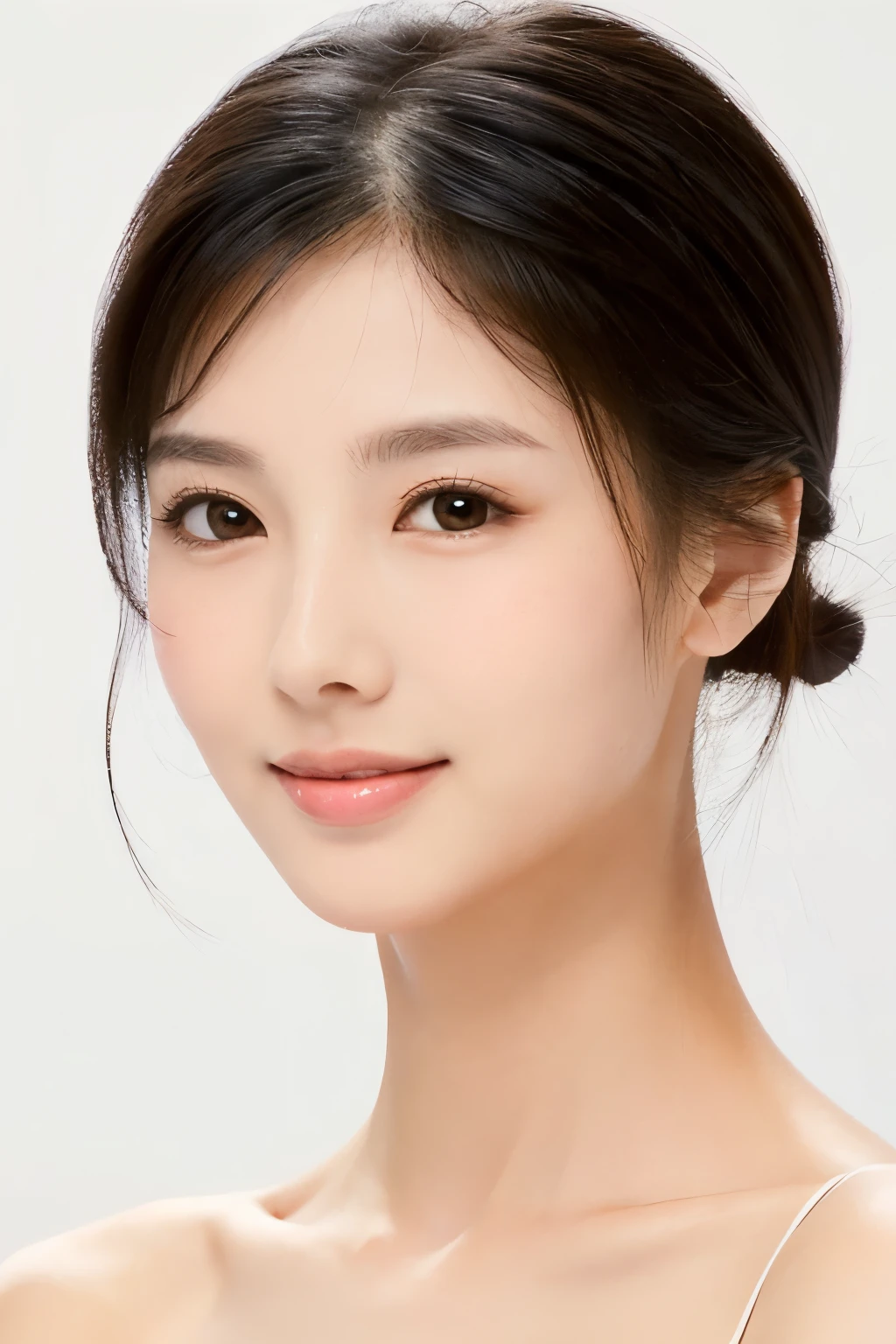 ((masterpiece, top quality, high definition)), 1 girl, (photorealistic: 1.4), solo, white background, snow-white background, mouth closed, happy smile, pretty black hair, short hair, big eyes, clear double eyelids, eyelashes, ears out, absolute area, ((face close-up)), (drawing all head, shoulders), 30 years old, Attractive proportions, glossy skin, clean collarbone, face in golden proportion, perfect face, teardrop mole, mole on chest, bangs, clean bangs, beautiful bangs, lip gloss, thin lips, pale skin, naked, small breasts, small face, head all drawn, shoulders all drawn, staring at the camera slightly upwards