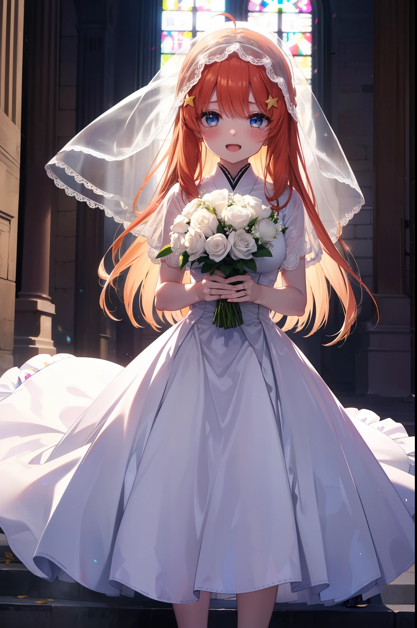 itsukinakano, Itsuki Nakano, bangs, blue eyes, hair between eyes, long hair,Ahoge, redhead, star \(symbol\), hair ornaments, star hair ornaments,smile,blush,open your mouth, happy atmosphere,Big tears are running down her face,Crying with joy,Wedding dress,silver stiletto heels,veil,Wedding Skirts,bouquet,holding a large bouquet of flowers in both hands,Hanabubuki, 
break indoors, church,chapel, 
break (masterpiece:1.2), highest quality, High resolution, unity 8k wallpaper, (figure:0.8), (detailed and beautiful eyes:1.6), highly detailed face, perfect lighting, Very detailed CG, (perfect hands, perfect anatomy),