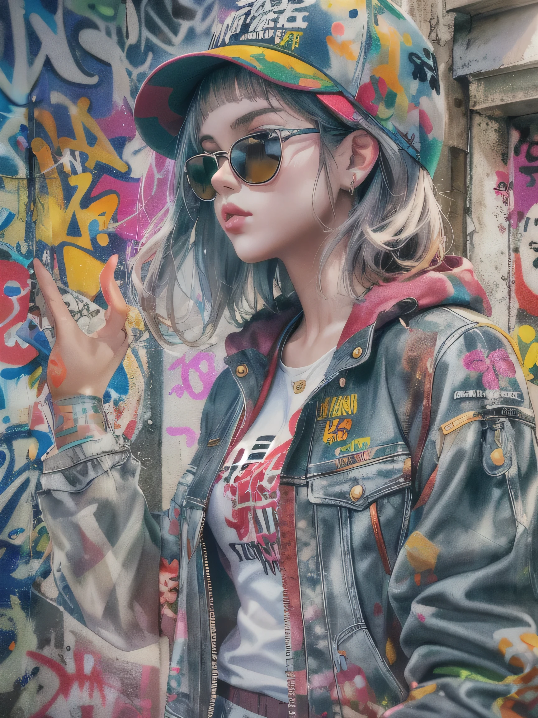 8K quality, watercolor painting, stylish design, (((The strongest beautiful girl of all time))), (((Japanese)))、gal, Stylish sunglasses, Fashionable hats, (((highest quality))), bob hair, Place your hands on the wall, HDR, Detailed details, skull fashion, detailed clothing texture, (((graffiti art))), colorful hair, ((masterpiece))、((Super detailed))