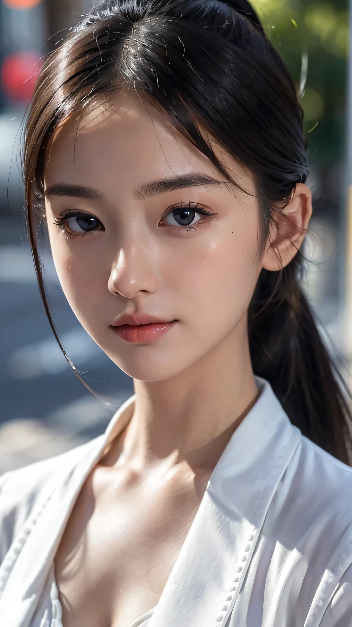 One woman,fully body photo,masutepiece, The highest image quality, High quality, the background is clear,Beautiful woman, Japanese, Detailed, Detailed eyes, Detailed skin, Beautiful skin, 超hight resolution, (reality: 1.4),Very beautiful woman, Slightly younger face, Beautiful skin, slender, (Ultra photo realsisim), (hight resolution), (8K), (Very detailed) (beautifully detailed eyes), (super detailed), (Detailed face), view the viewer, Fine details, Detailed face, Staring straight ahead, Staring straight ahead, photos realistic, Bright lighting, Professional Lighting, Black hair,poneyTail,a baby face,sixteen years old,Hairstyle is ponytail,long ponytail hairstyle,slight smile,wearing business suit,the street europian,