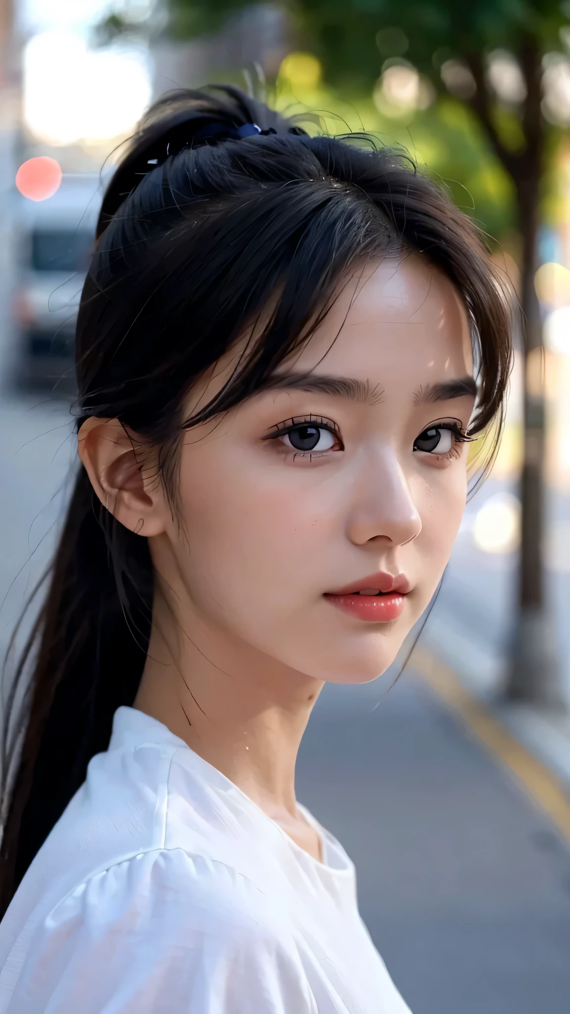One woman,fully body photo,masutepiece, The highest image quality, High quality, the background is clear，Beautiful woman, Japanese, Detailed, Detailed eyes, Detailed skin, Beautiful skin, 超hight resolution, (reality: 1.4),Very beautiful woman, Slightly younger face, Beautiful skin, slender, (Ultra photo realsisim), (hight resolution), (8K), (Very detailed) (beautifully detailed eyes), (super detailed),   (Detailed face), view the viewer, Fine details, Detailed face, Staring straight ahead, Staring straight ahead, photos realistic, Bright lighting, Professional Lighting, Black hair,poneyTail,a baby face,sixteen years old,Hairstyle is ponytail,long ponytail hairstyle,slight smile,wearing business suit,the street europian,