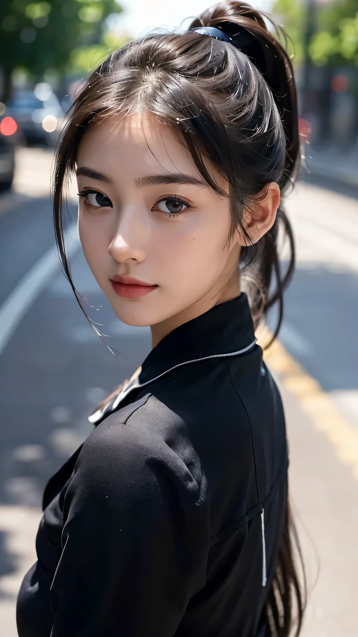 One woman,fully body photo,masutepiece, The highest image quality, High quality, the background is clear,Beautiful woman, Japanese, Detailed, Detailed eyes, Detailed skin, Beautiful skin, 超hight resolution, (reality: 1.4),Very beautiful woman, Slightly younger face, Beautiful skin, slender, (Ultra photo realsisim), (hight resolution), (8K), (Very detailed) (beautifully detailed eyes), (super detailed), (Detailed face), view the viewer, Fine details, Detailed face, Staring straight ahead, Staring straight ahead, photos realistic, Bright lighting, Professional Lighting, Black hair,poneyTail,a baby face,sixteen years old,Hairstyle is ponytail,long ponytail hairstyle,slight smile,wearing business suit,the street europian,