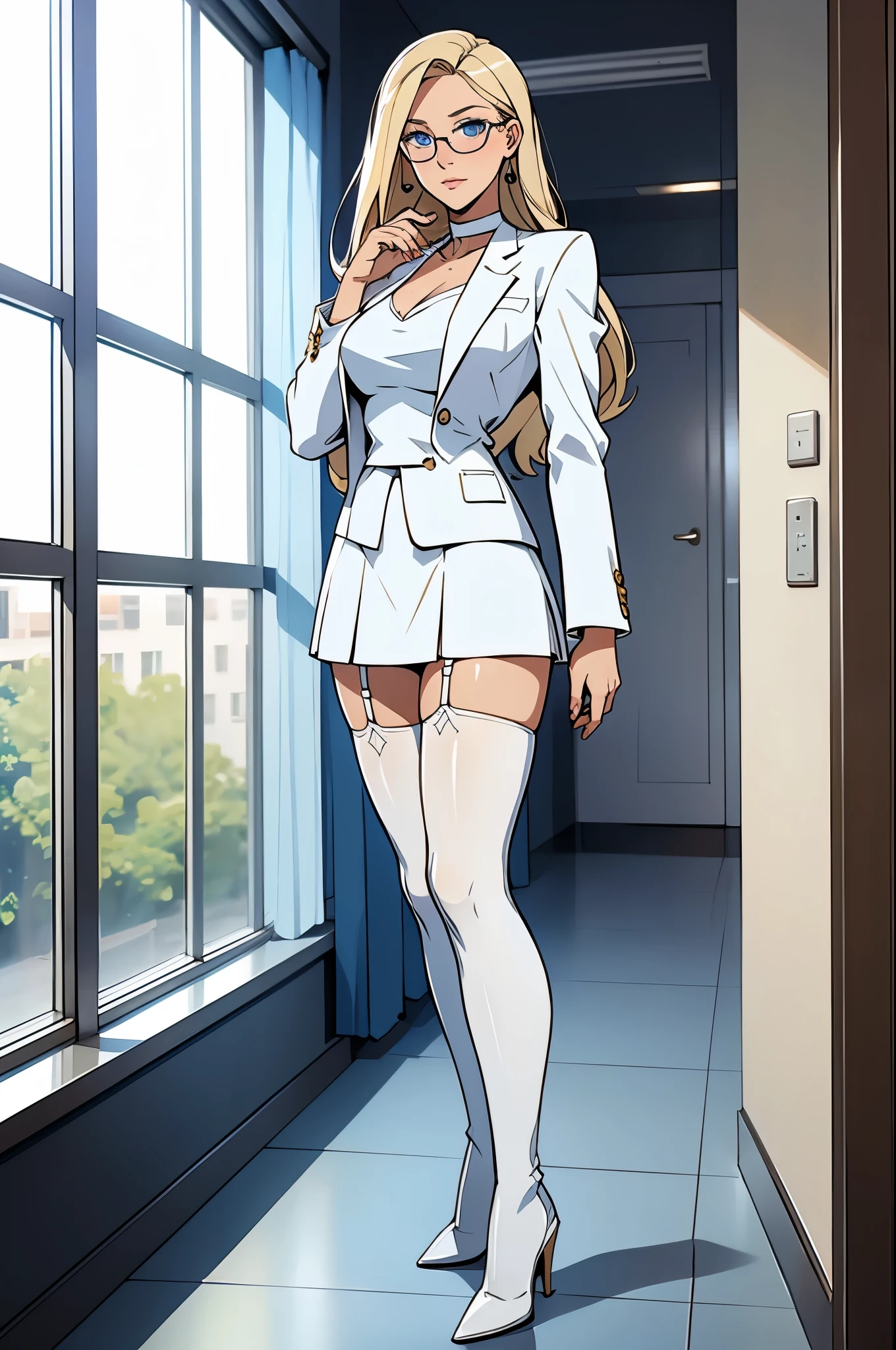 female, straight blonde hair, blue eyes, white suit jacket, white skirt, long white high heel boots, silver choker, no t shirt, medium , glasses, perfect face, blushing, in front of a window, stockings, garter