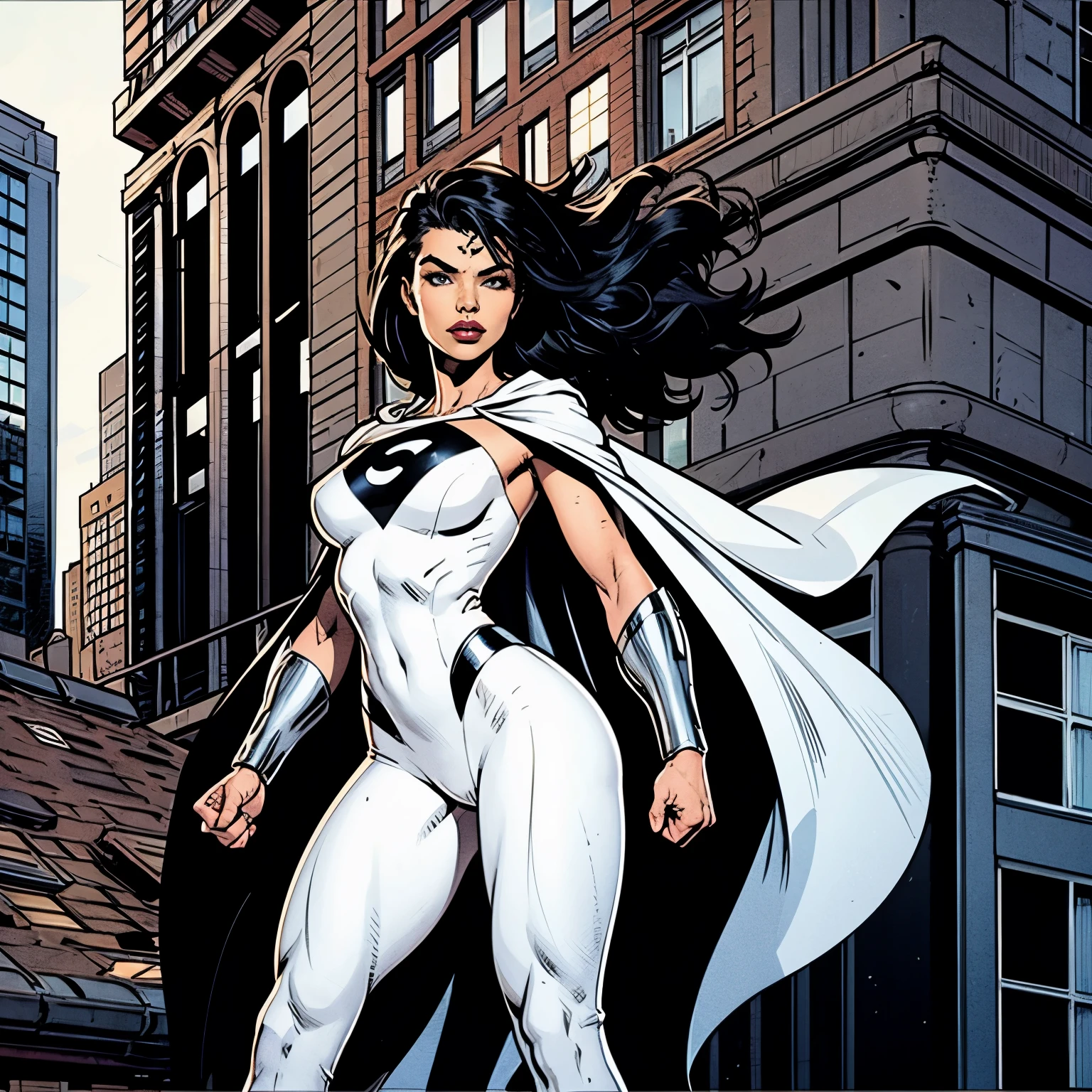 Girl with perfect body, black hair, Black superhero costume, white cape, On a building, city background