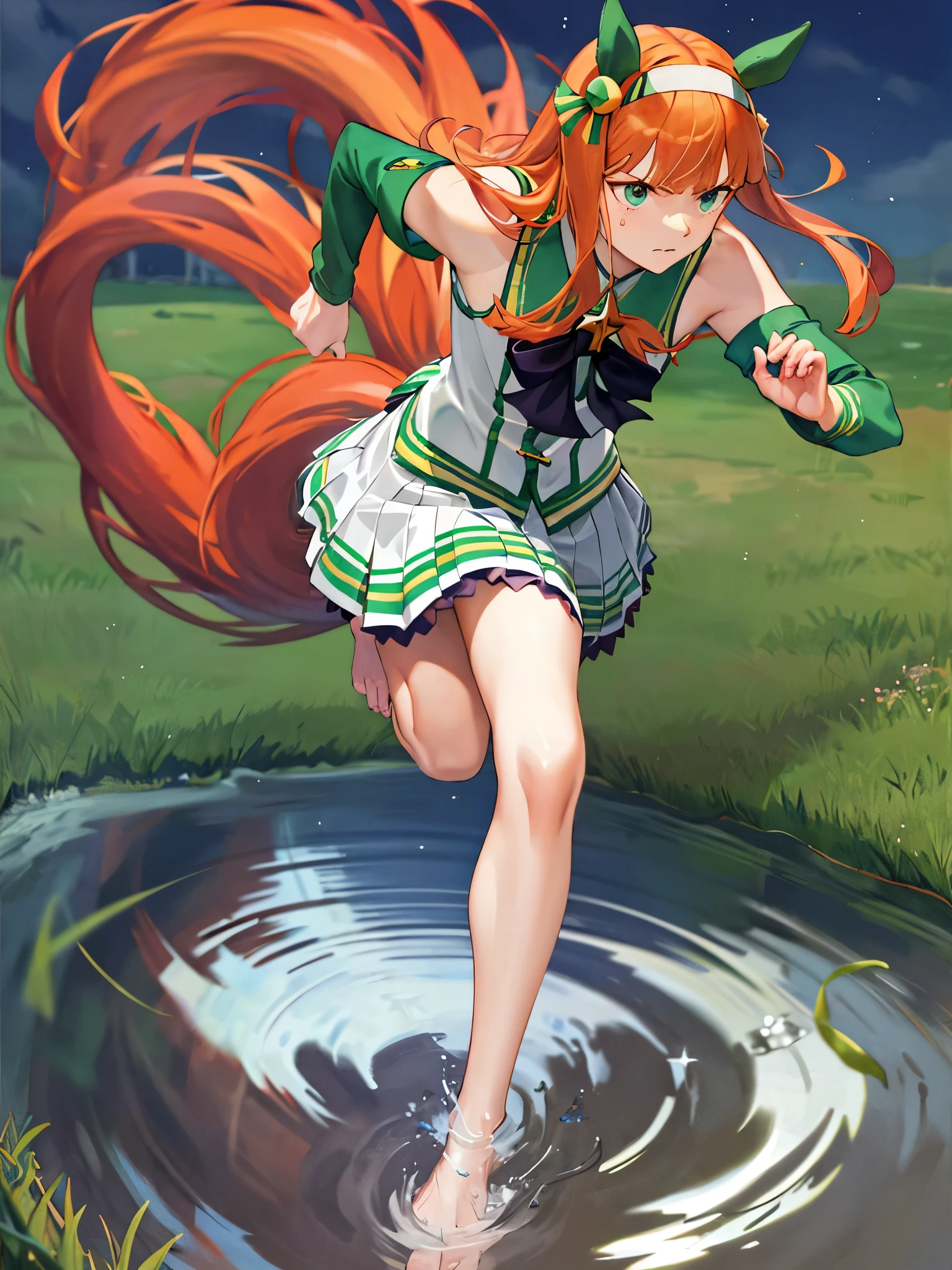masterpiece, highest quality, ((((full nude)))),running figure, Whole body wide angle, serious expression, silence suzuka \(umamusume\), white skirt, pleated skirt, (barefoot), (No sleeve), black bow, flowing grass,sleeveless,
