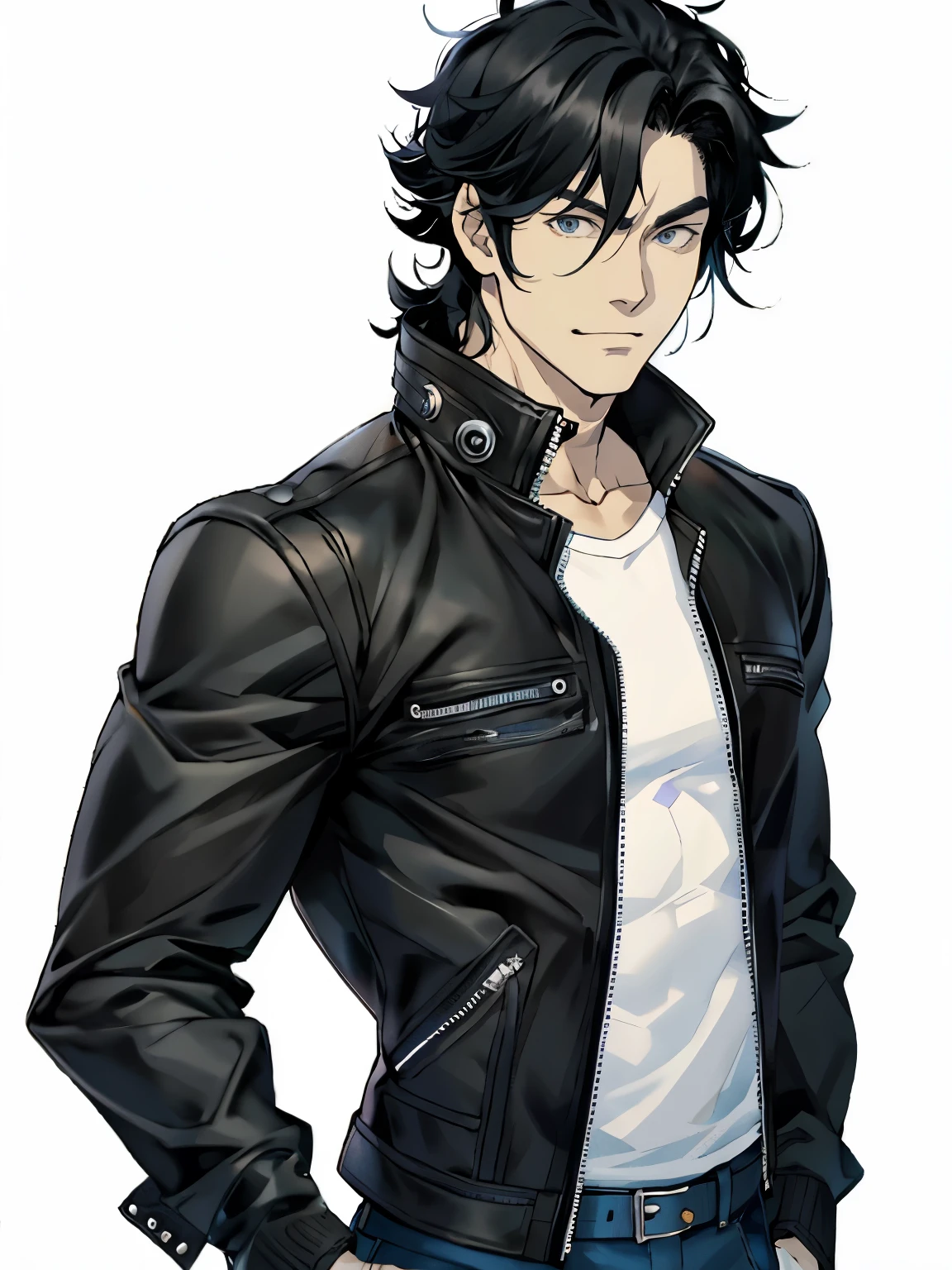 male、black hair、good looking、unkempt、30 generations、anime、Black leather jacket、white shirt、jeans、slanted eyes、perfect body、muscular、medium hair、尻に手を当てるmale、ポケットに手を入れるmale、anime風、perfect body、Smile、white background、銃を右手に持つmale