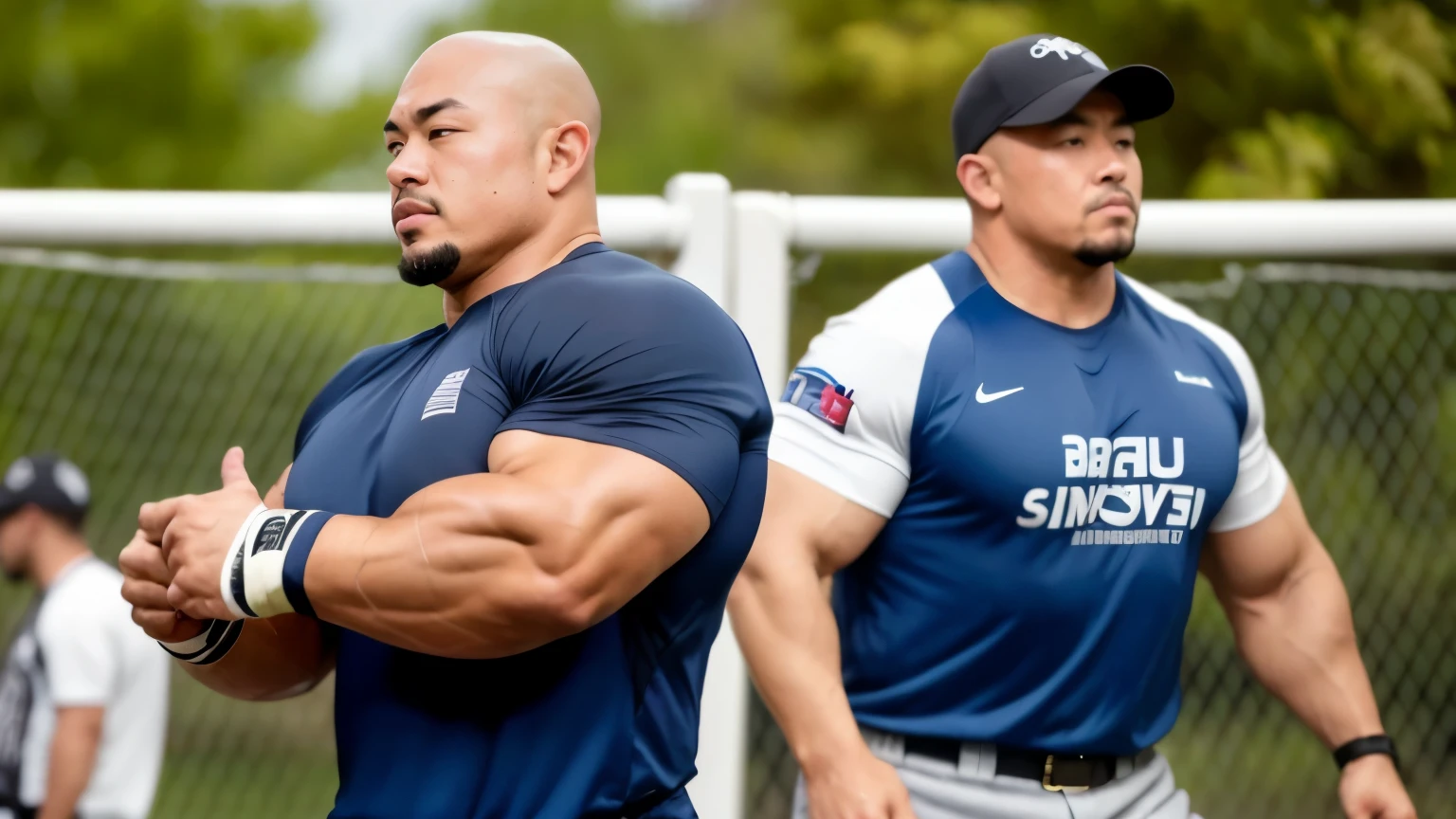 asian man, asian face, On the playground, at the gym, wearing a hat, very short hair, skin head, Circular cut, very big and strong body, bulging muscles, muscular, very large pectoral muscles, very sexy abs, muscular legs, Toned figure, brightens oily skin, sportswear, baseball uniform, T-shirt, long shot, wide shot, high detail, sunburned, bodybuilding, rugby, training