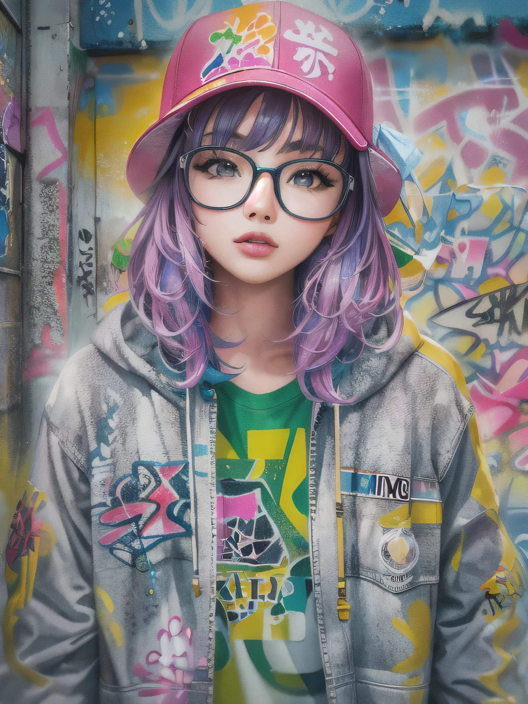 8K quality, watercolor painting, stylish design, (((The strongest beautiful girl of all time))), (((Japanese)))、clear, stylish glasses, Fashionable hats, (((highest quality))), bob hair, put your hand on the wall, HDR, ((Detailed details)), stylish fashion, detailed clothing texture, (((graffiti art))), colorful hair, ((masterpiece))、((Super detailed))