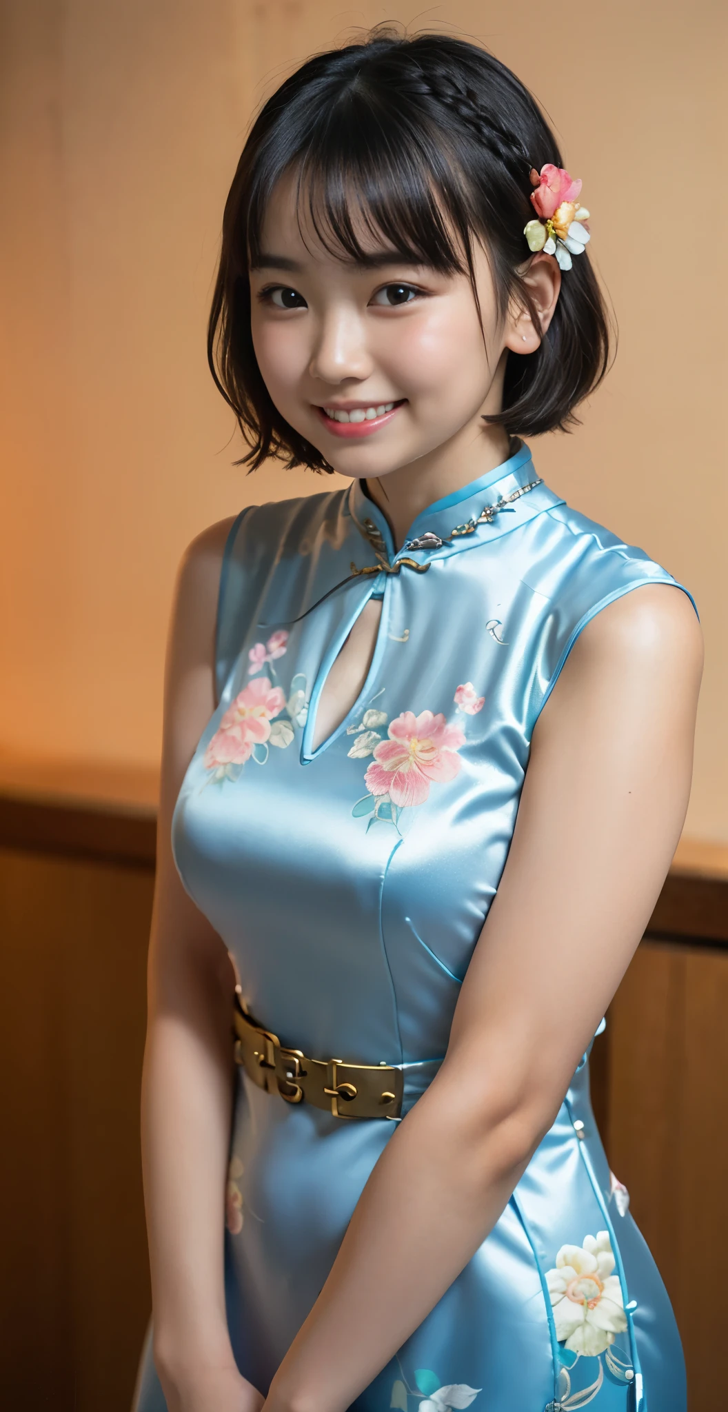 (8k、Raw photography、highest quality、masterpiece:1.2),(black haired、very short hair:1.8),(twin mitsu braid:1.4)、show viewer,Looking at the front,erotic,white skin,(She is wearing a shiny floral cheongsam。.:1.7)、()、(Clothing that emphasizes the shape of your chest、Clothes that expose a lot of skin:1.6)、(big breasts :1.2)、slim body shape、ultra high resolution,beautiful,beautiful fece,(alone、no background:1.9),whole bodyボディー,japanese woman,(Photoreal:1.37)、photon mapping,reality、(-faced and cute: 1.0)、(cute smile: 1.7)、(With a round face: 1.7)、radio city、Physically based rendering、depth of field rally background、photograph, (I can see your knees,close up of thighs:1.5),whole body、super fine