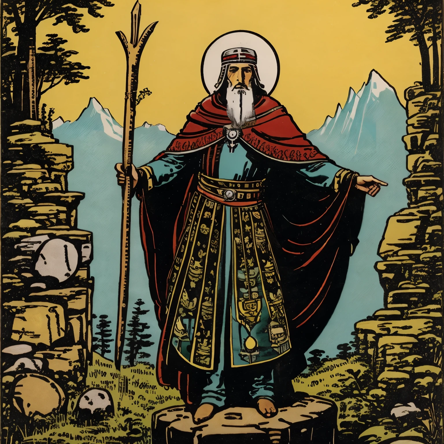 Carta de tarot, 40 year old shaman standing on a natural altar. Agile, looking at the viewer holding a staff in his hand from which hangs an animal skull.