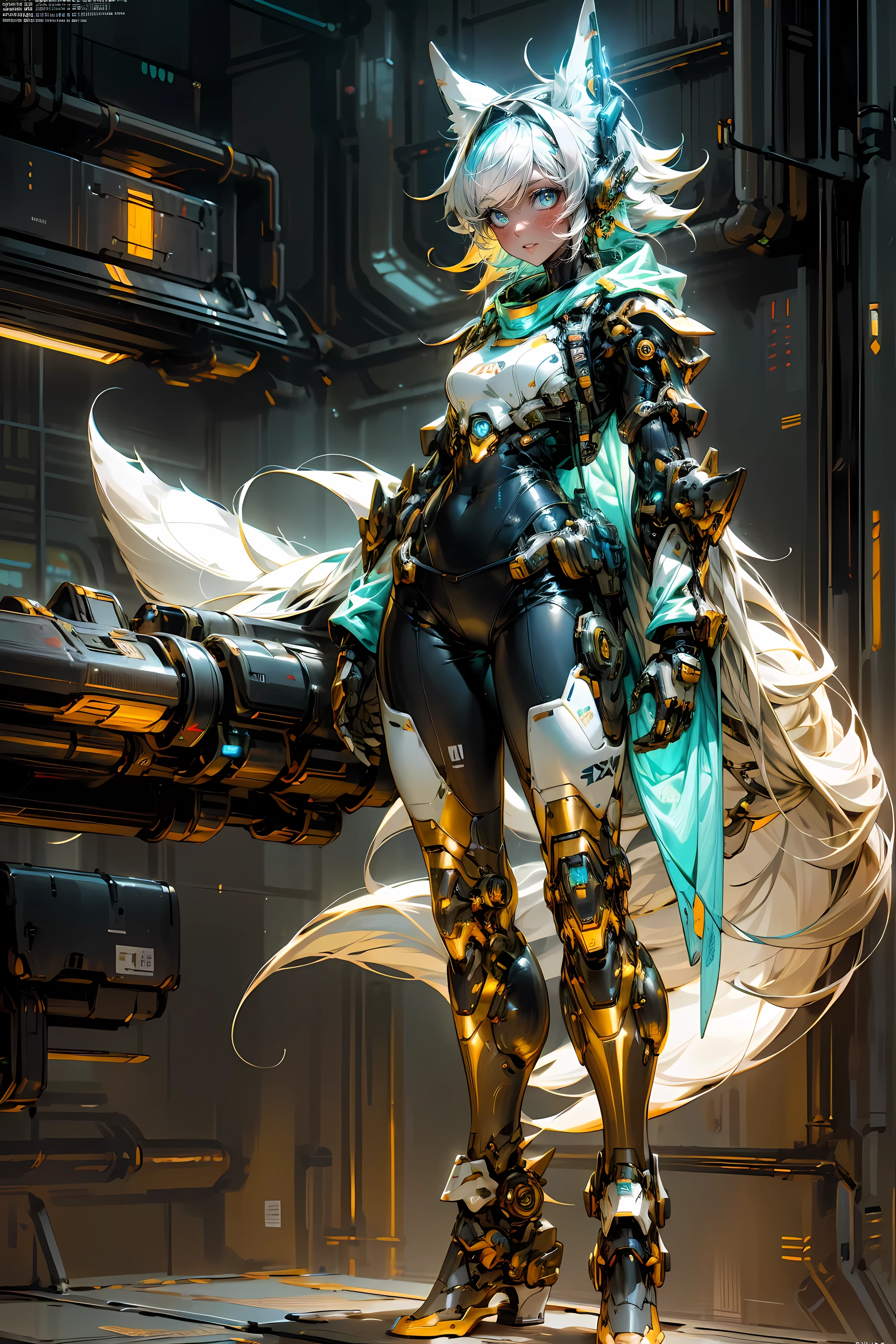 sci-fi fox girl,fox girl,metallic feel,shining silver armor,glowing neon lights,science fiction theme,Colorful futuristic background,masterpiece:1.2,Super detailed,actual:1.37,portrait,Cool blue tones,stunning lighting,whole body,Perfect body