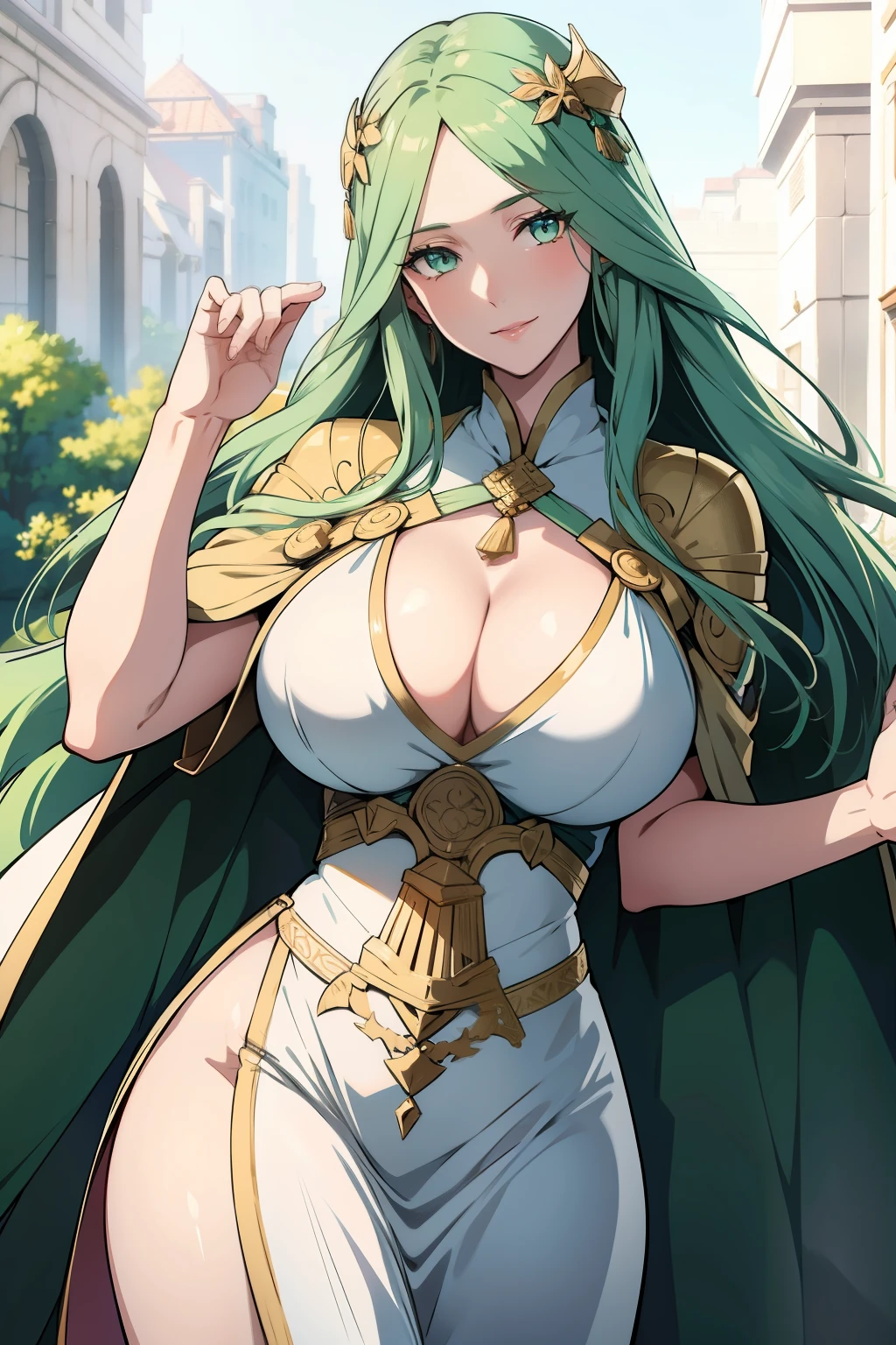 An anime-style artwork depicting rhea from the game Fire Emblem: Three Houses.

Tags: rhea, anime, detailed eyes, detailed lips, green hair, white dress, smiling expression, intense gaze, glowing emblem on hand, dynamic pose, mystical background, vibrant colors, digital art, high-resolution, professional quality, gigantic breasts, cleavage.