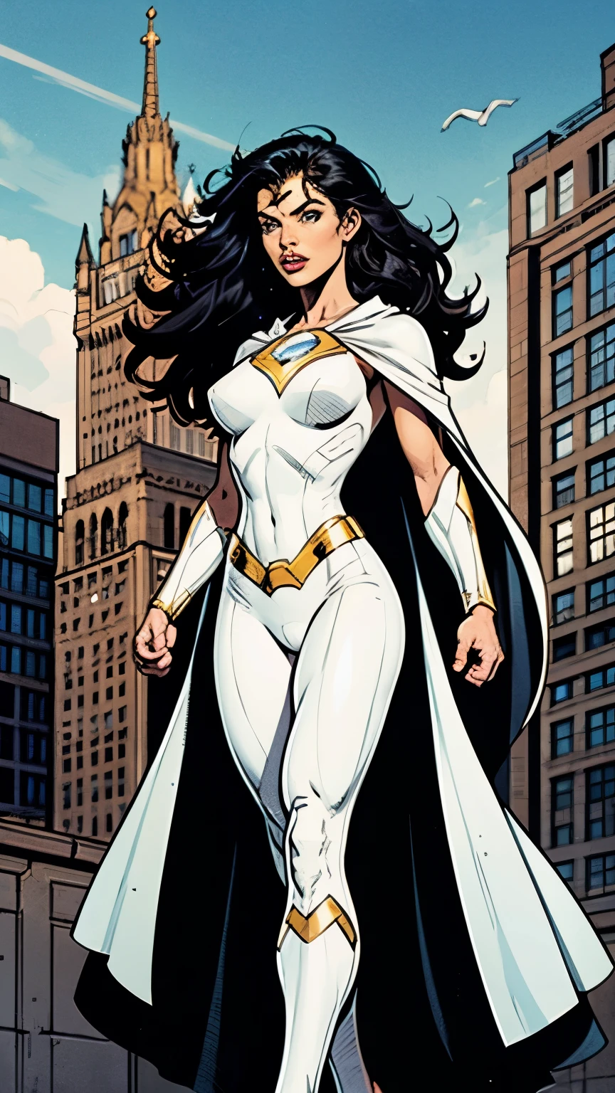 Girl with perfect body, black hair, white superhero costume, white cape, On a building, city background