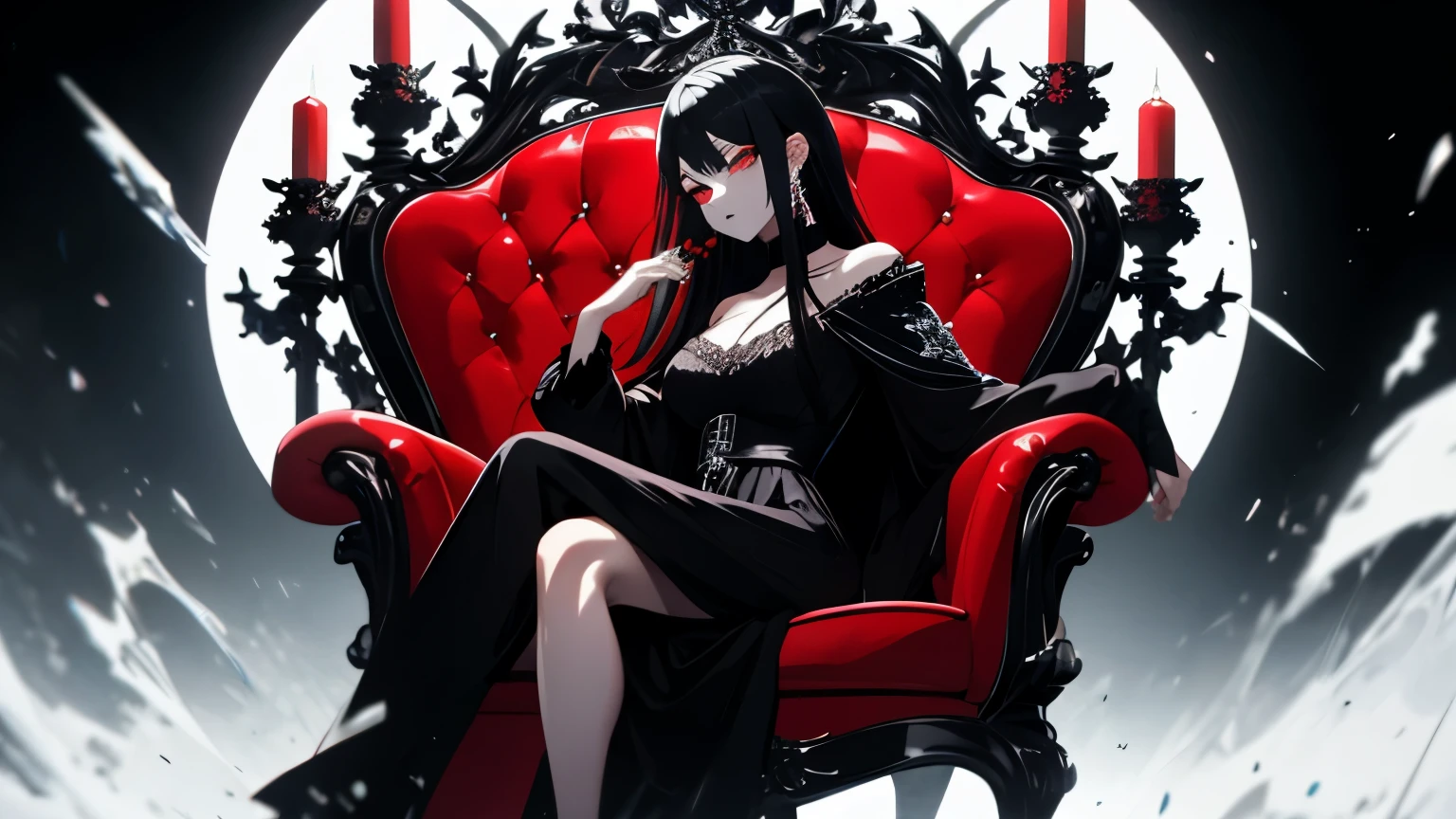 sit on a gothic chair, cross your legs、long black hair, red eyes, aurora, knot choker, medium breasts, red ruby pendant, glowing red eyes, red magic, Put your hand to your mouth, messy hair, mature woman, beautiful black eyeliner, close, Clothes, beautiful sense of superiority,red long dress, Shining fist, night, standing in an open field, sword in red hand.Big Red Sword,South Korea,nightの背景