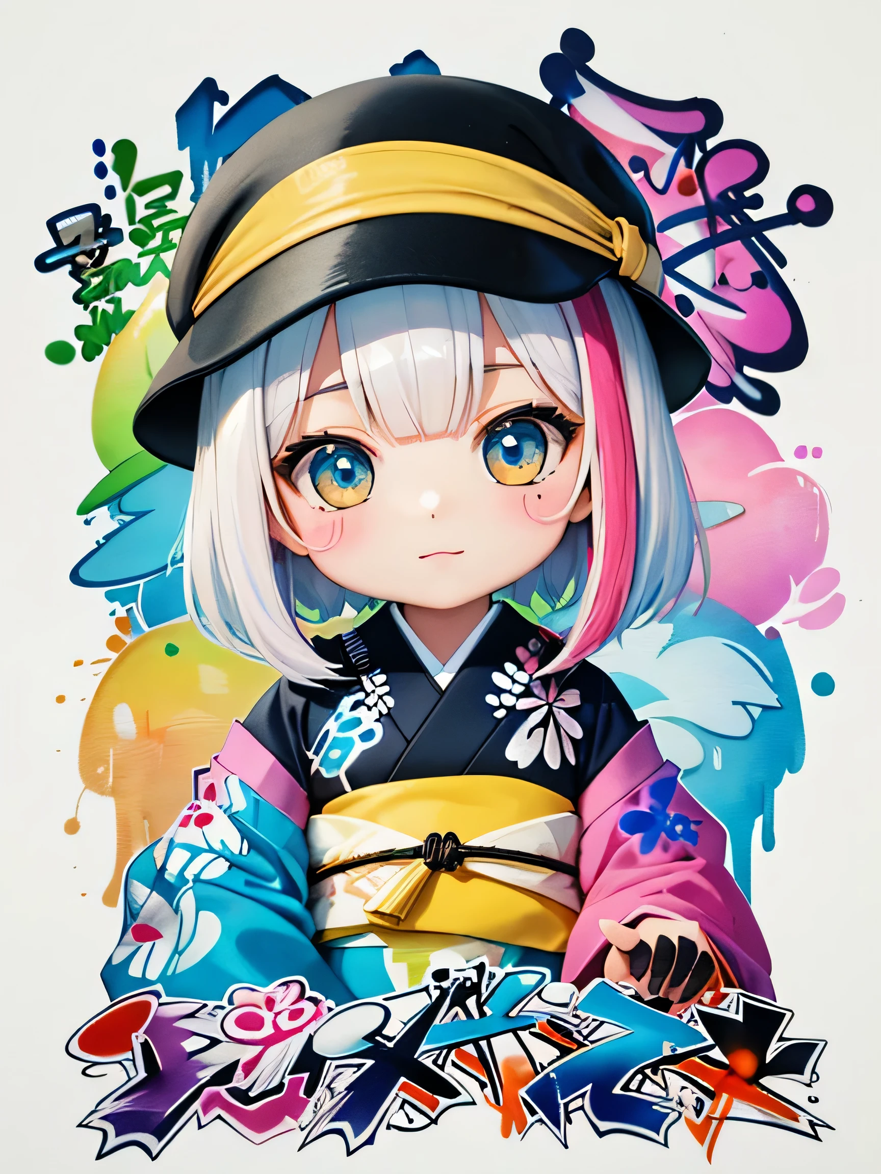 8K quality, watercolor painting, stylish design, (((The strongest beautiful girl of all time)))、(((Little)))、 (((Japanese)))、clear, Fashionable hats, (((highest quality))), bob hair, HDR, ((Detailed details)), stylish fashion, detailed clothing texture, (((graffiti art))), colorful hair, ((masterpiece))、((Super detailed))