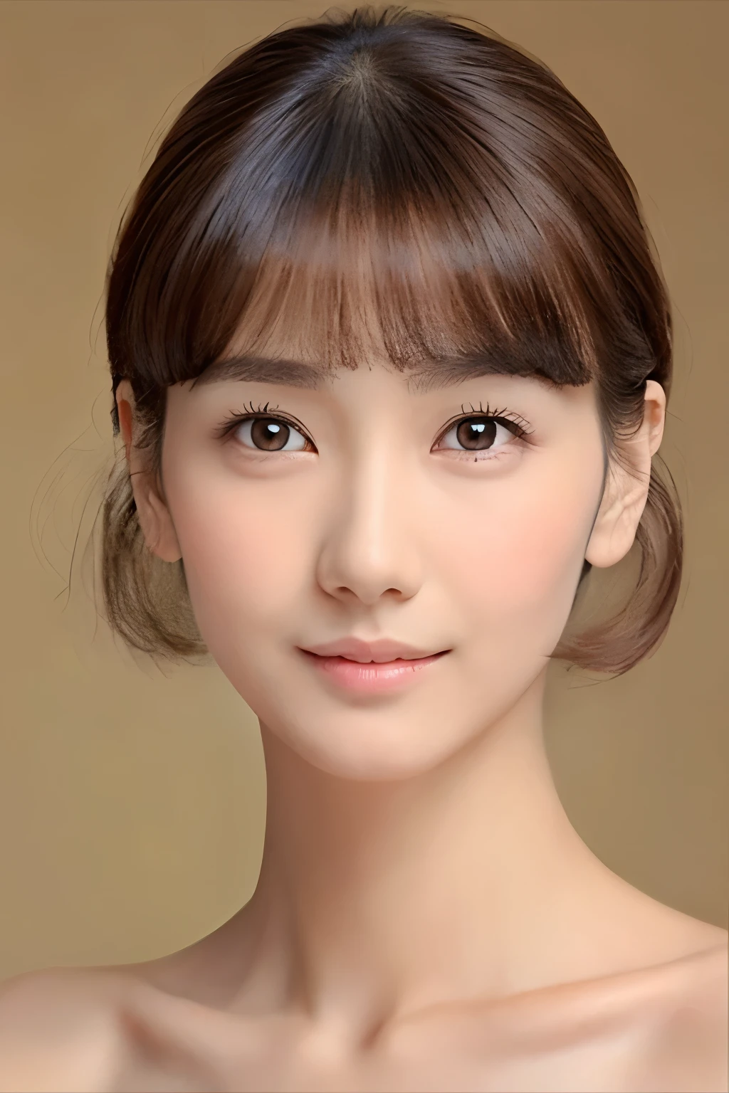 ((masterpiece, top quality, high definition)), 1 girl, (photorealistic: 1.4), solo, white background, snow-white background, mouth closed, happy smile, pretty black hair, short hair, big eyes, clear double eyelids, eyelashes, ears out, absolute area, ((face close-up)), (drawing all head, shoulders), 30 years old, Attractive proportions, glossy skin, clean collarbone, face in golden proportion, perfect face, teardrop mole, mole on chest, bangs, clean bangs, beautiful bangs, lip gloss, thin lips, pale skin, naked, small breasts, small face, head all drawn, shoulders all drawn, staring at the camera slightly upwards