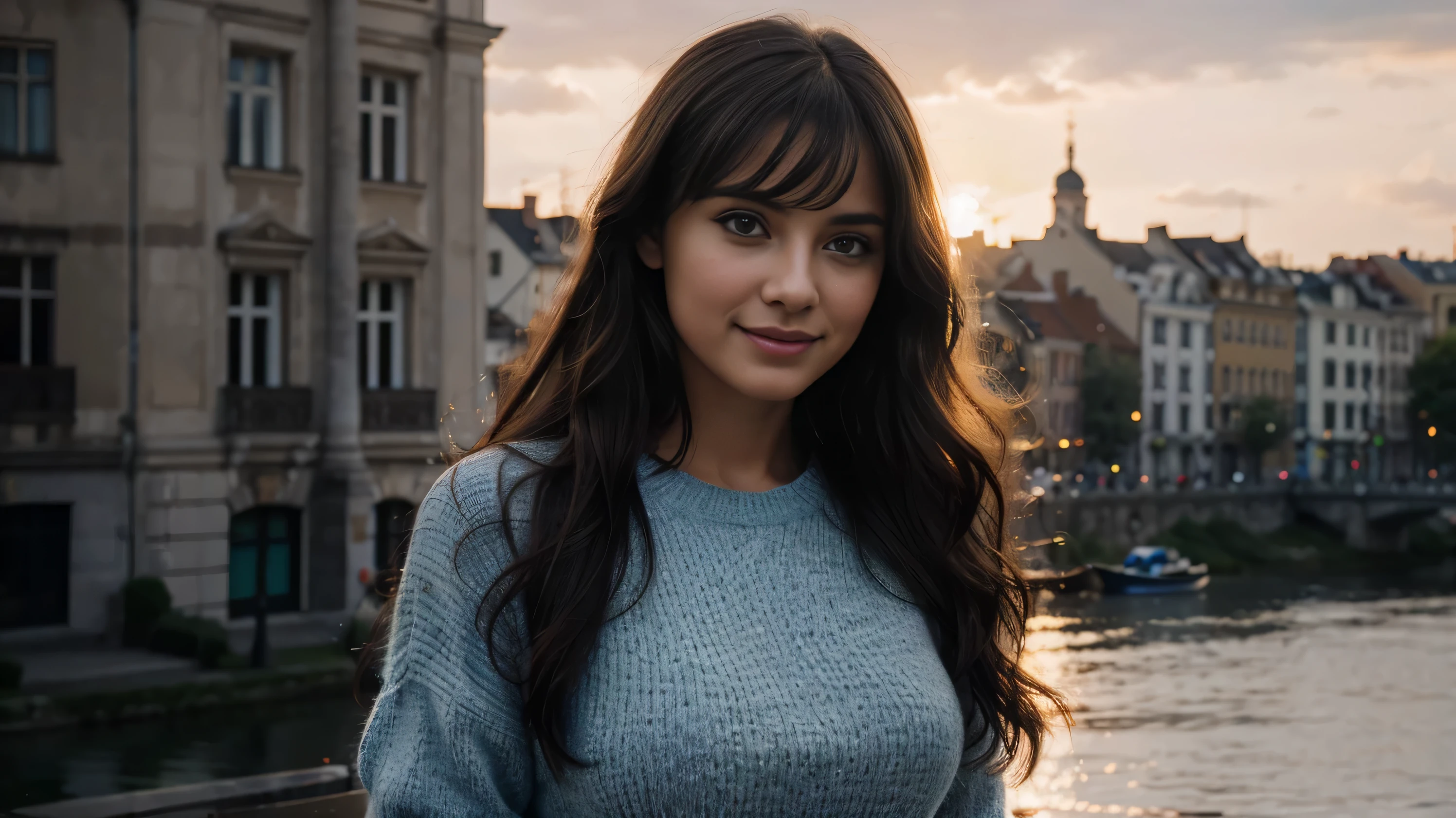 gorgeous European woman, age 23, wavy hair in the wind. she's a men magazine model, She has a subtle smile and flirts with the camera,, ( wering blue long sleeve Sweater and jeans ), (in sunset light:1.2), perfect eyes, perfect hands, perfect body, perfect hair, perfect breast, UHD, retina, masterpiece, accurate, anatomically correct, textured skin, super detail, high details, high quality, award winning, best quality, highres, 16k, 8k,(bangs, long hair), (1girl), (Beautiful Detailed Eyes), (Best Quality), (Ultra Detailed), (Masterpiece), (sexy), (Wallpaper), (Detailed Face), Solo, (seductive smile), (perfect body), , (full body) , black hair ,sexy smiling ,strong makeup ,shade eyes, cateye makeup, | wavy hair | hyper realistic,| masterpiece, UHD, cinematic lighting, movie scene ,vivid color , (((multiple views of the same character))) shine smile,she’s in the Cracovia city