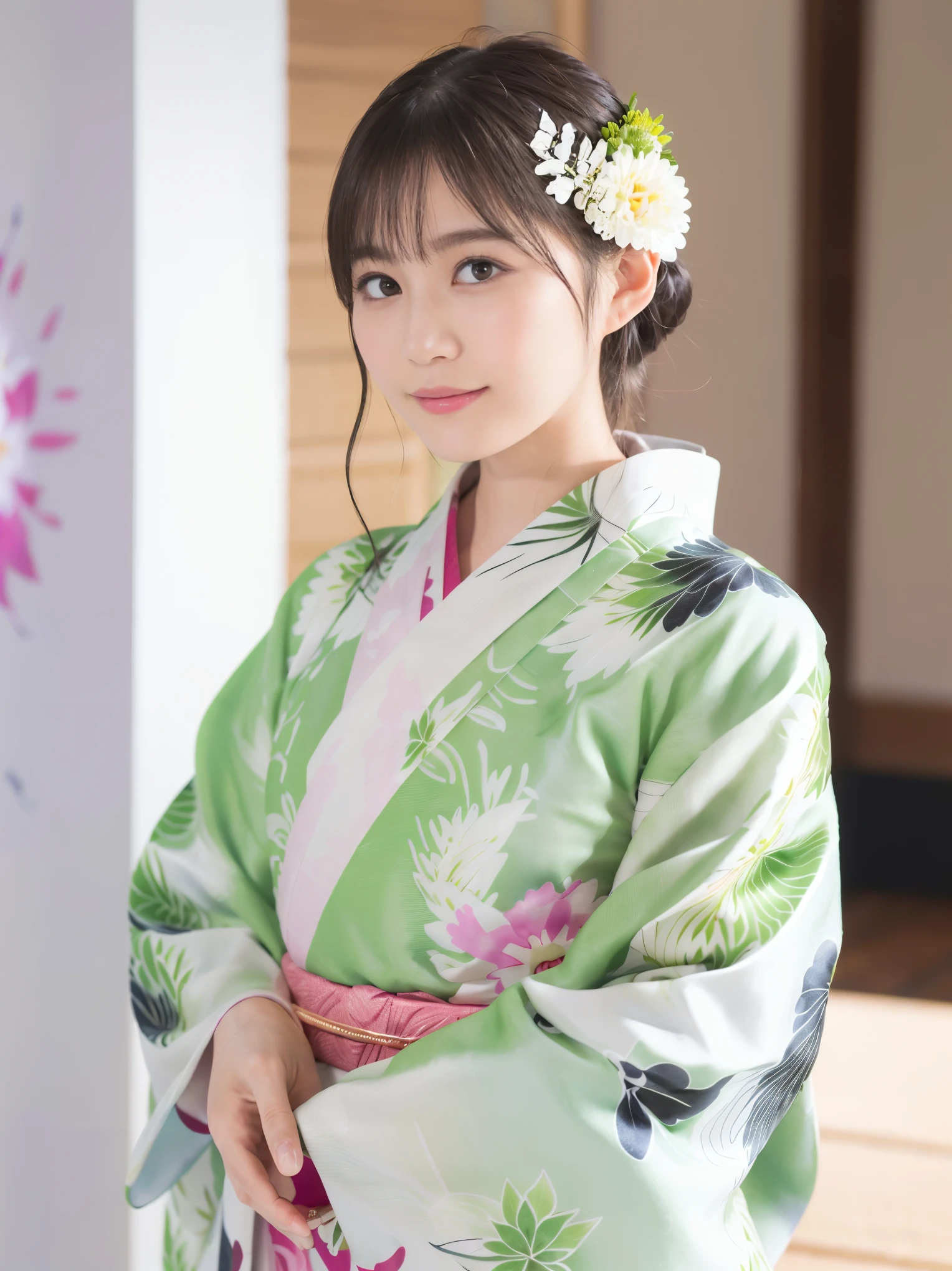 white kimono、pink Japanese pattern、(Furisode:1.5)、or、(top grade)、1 female、16 years old、Full body Esbian、black haired、tie your hair back、(realistic:1.7)、((best image quality))、absurd、(超A high resolution)、(Photoreal:1.6)、Photoreal、octane rendering、(超realistic:1.2)、(realistic face:1.2)、(8k)、(4k)、(masterpiece)、(realistic skin texture)、(enlightenment、movie lighting、wall-)、(beautiful eyes:1.2)、((((perfect face))))、(Cute face like an idol:1.2)、( Are standing)、shrine、bird ready、(January)、detailed cute face、true beauty、laughter、