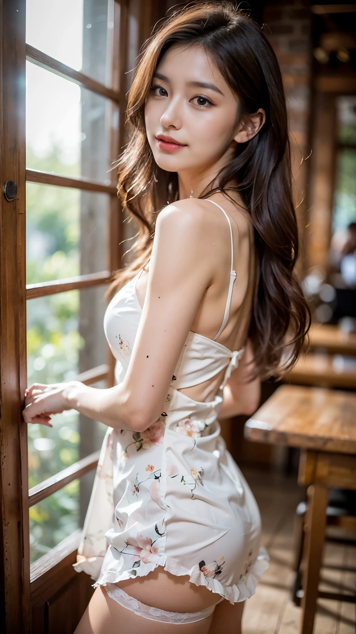 (8K high quality), (highest quality), (RAW image quality),(table top:1.2), (realistic), (realistic:1.37), White-eye,long eyelashes,exquisite（Live-action realistic style）,ultimate face,realistic light and shadow,clear facial features,milky skin,Fair skin, high detail skin,realistic skin details,visible pores,（Super detailed）,hair length is random, （flowing hair）,best portrait,shooting from close range, only one girl, cute,fine and beautiful eyes, beautifully detailed nose, highly detailed skin) ,(Beautiful face with double eyelids), (realism: 1.4),excellent details, ultra high resolution,,,delicate and beautiful face,,25 years old,(beautiful face 1.4),thin, (wearing a floral dress:1.2),((Inside a park rich in nature)),,natural smile,(,Looks happy),long hair,Sparkling around the eyes,Pink Lipstick,((wearing a floral dress)),very beautiful legs,(((Are standing))),((smile at the audience)),very charming smile,(((Very strong wind is blowing))),((Are standing and showing off white panties)),It&#39;s a simple dress,slightly bigger butt、looking at me