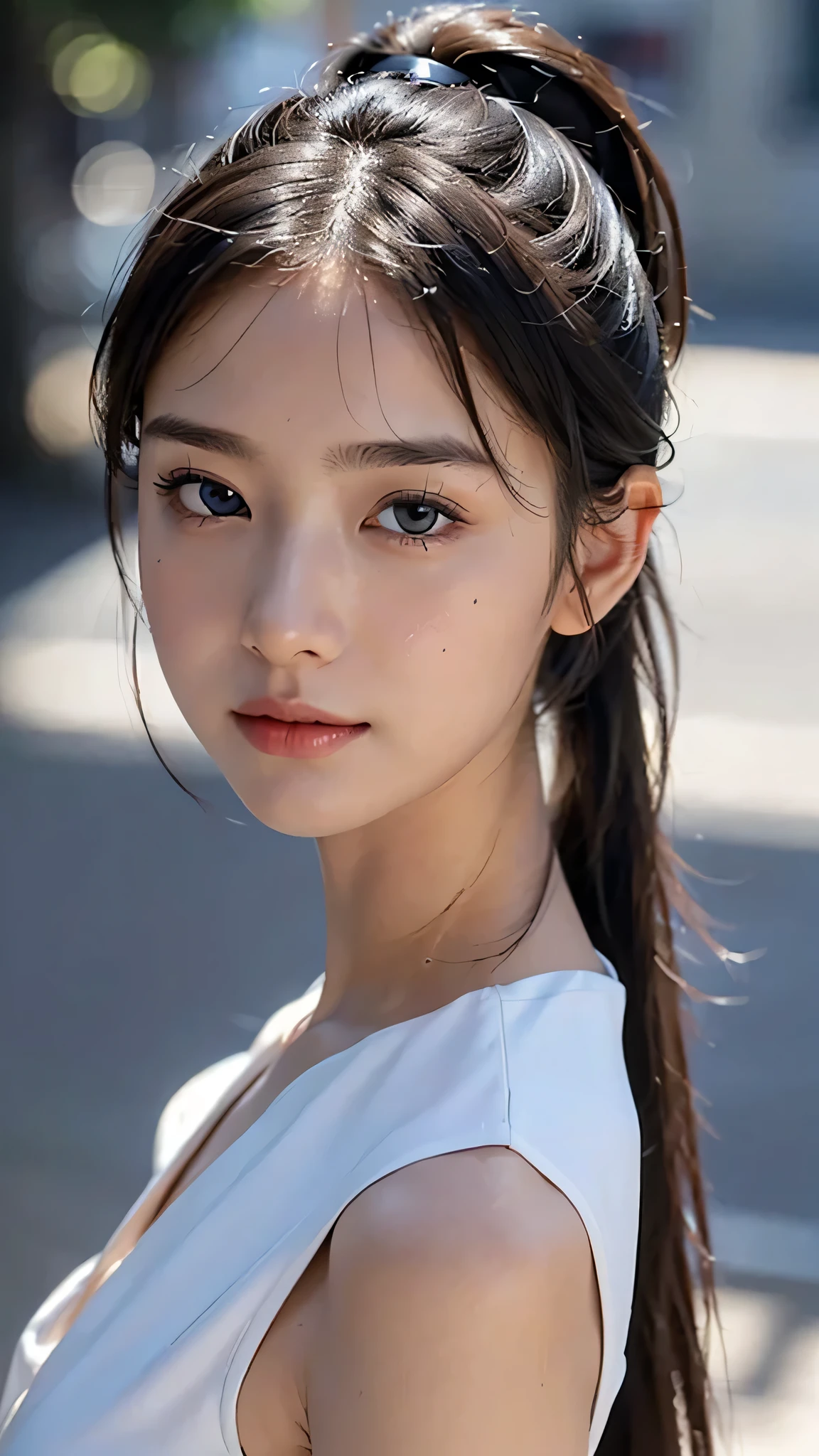 One woman,fully body photo,masutepiece, The highest image quality, High quality, the background is clear,Beautiful woman, Japanese, Detailed, Detailed eyes, Detailed skin, Beautiful skin, 超hight resolution, (reality: 1.4),Very beautiful woman, Slightly younger face, Beautiful skin, slender, (Ultra photo realsisim), (hight resolution), (8K), (Very detailed) (beautifully detailed eyes), (super detailed), (Detailed face), view the viewer, Fine details, Detailed face, Staring straight ahead, Staring straight ahead, photos realistic, Bright lighting, Professional Lighting, Black hair,poneyTail,a baby face,sixteen years old,Hairstyle is ponytail,long ponytail hairstyle,slight smile,wearing business suit,the street europian,