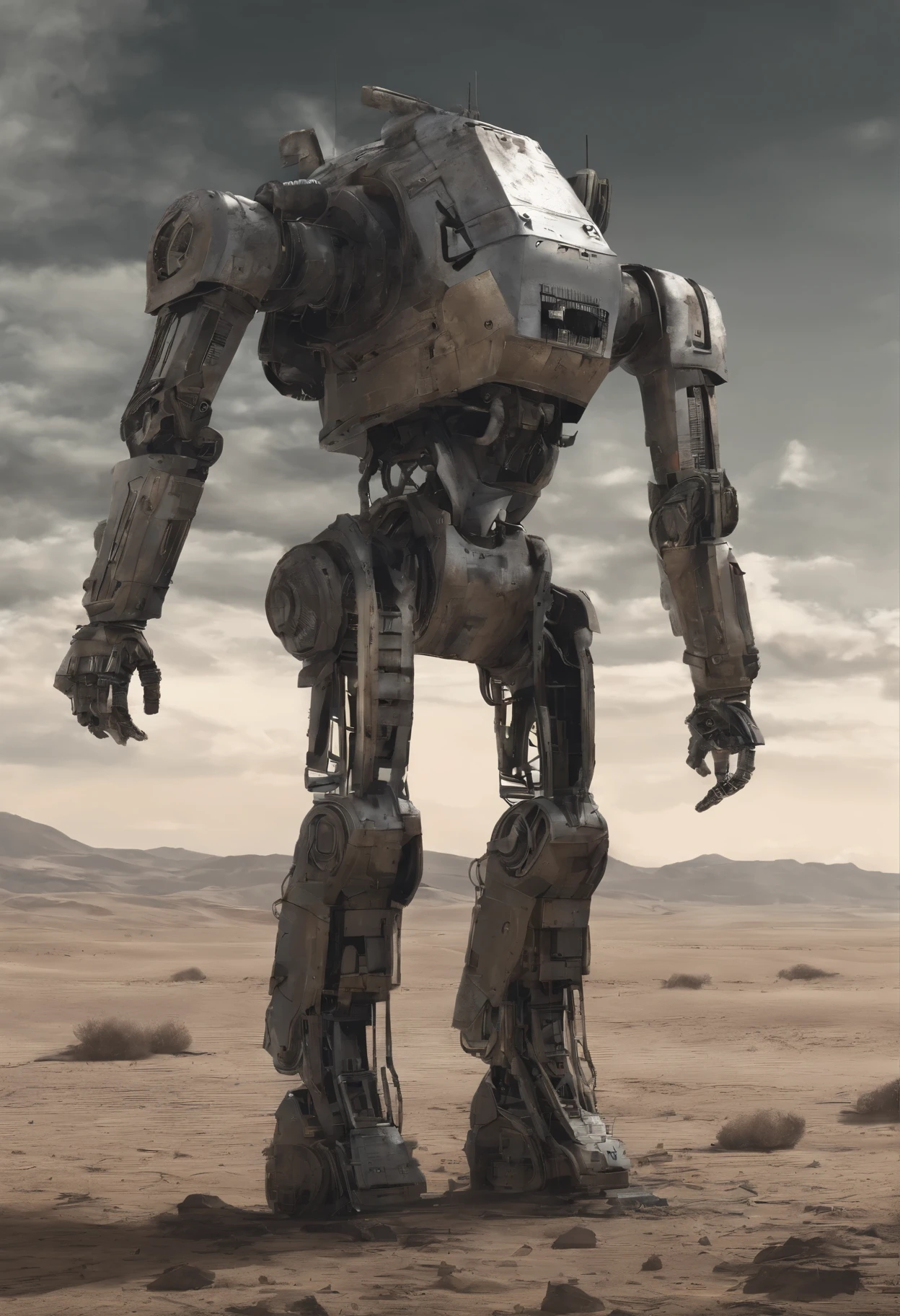 It was an old robot with no special features, a slim metal body dotted with rust, but it had strong arms with flexible elbow joints and thick legs that could run anywhere in the desert or jump much higher than a human being.　His face was flat and expressionless, yet his eyes glowed hot behind the glass, and the corners of his mouth curved down as if he had looked at the world for hundreds of years and realized what was missing.

Translated with DeepL.com (free version)